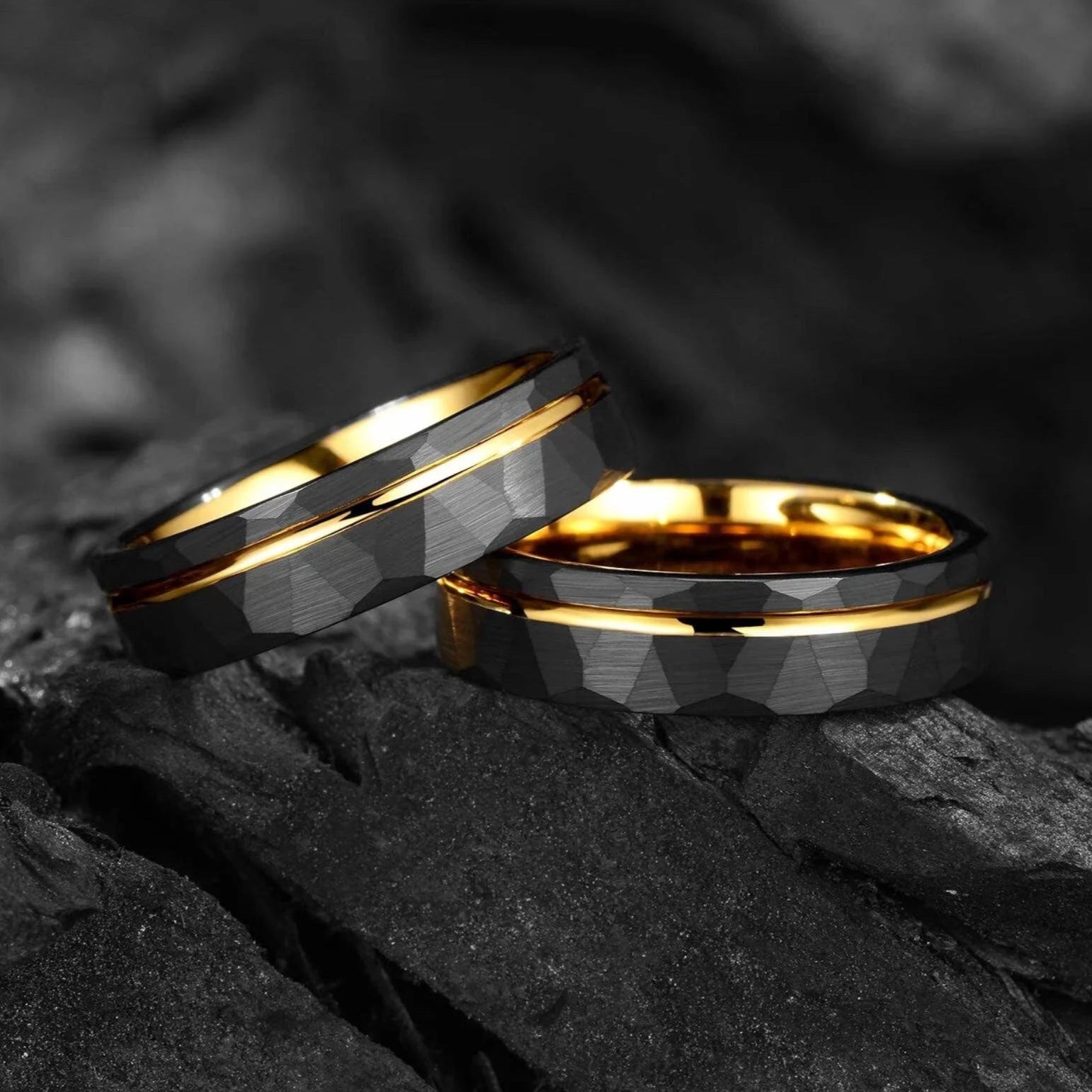 Gold Wedding Band Black Tungsten Main View