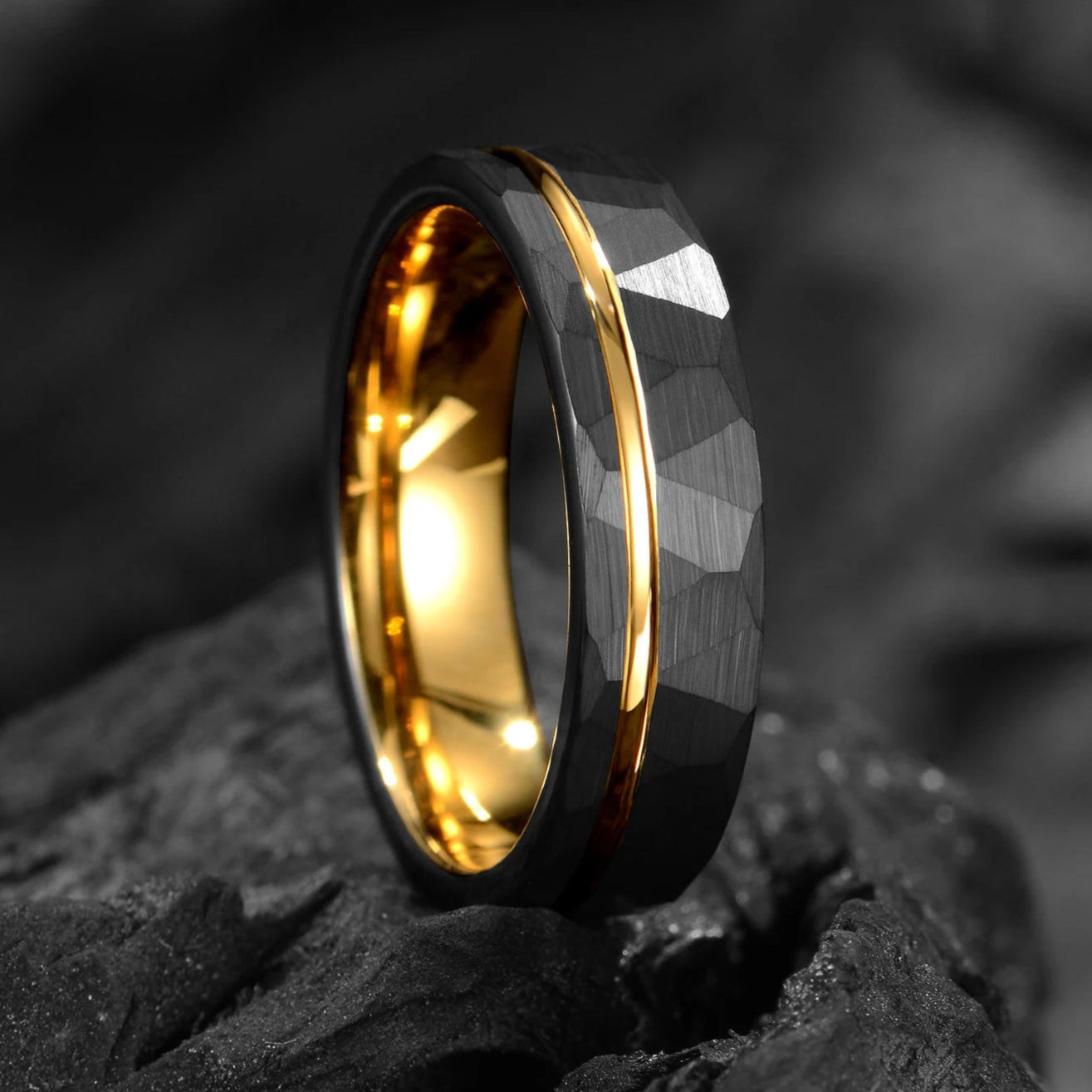Gold Wedding Band Black Tungsten Profile View
