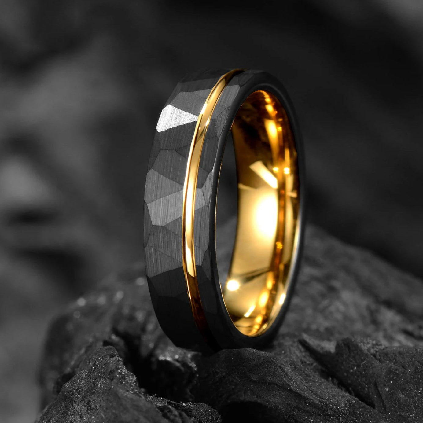 Gold Wedding Band Black Tungsten Vertical View