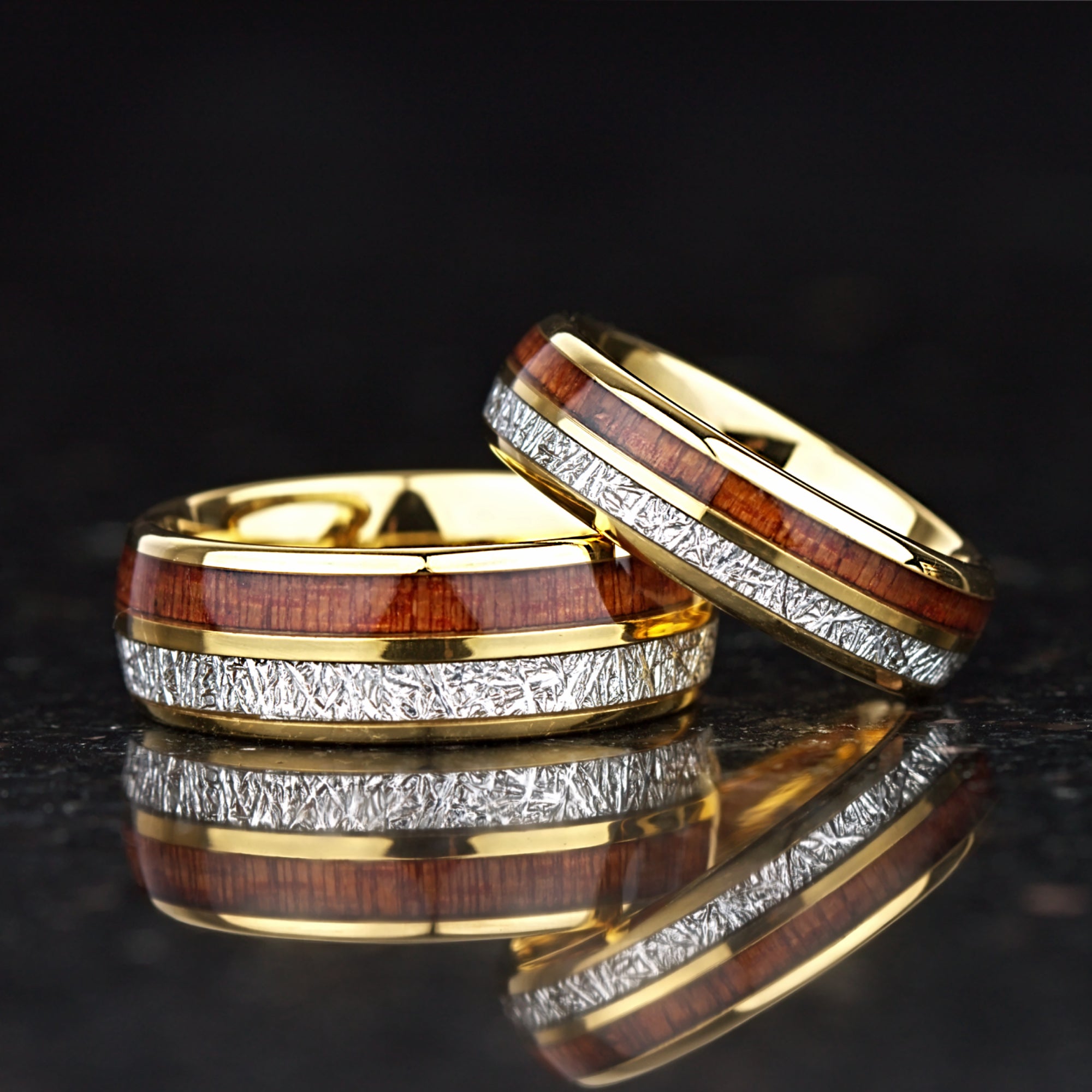 Gold wedding band sets with wood and meteorite inspired inlay main view