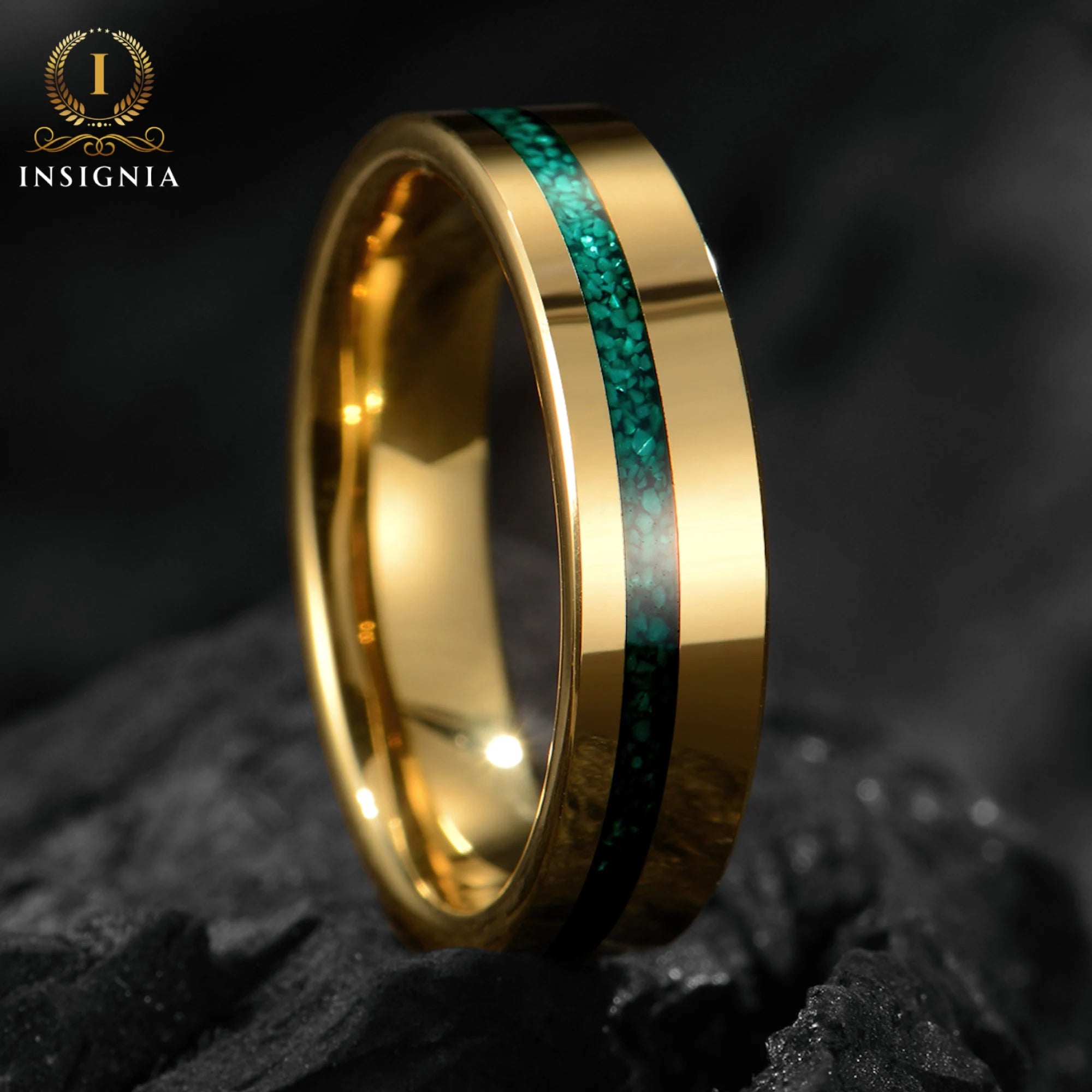 Gold Wedding Bands Malachite Closeup View