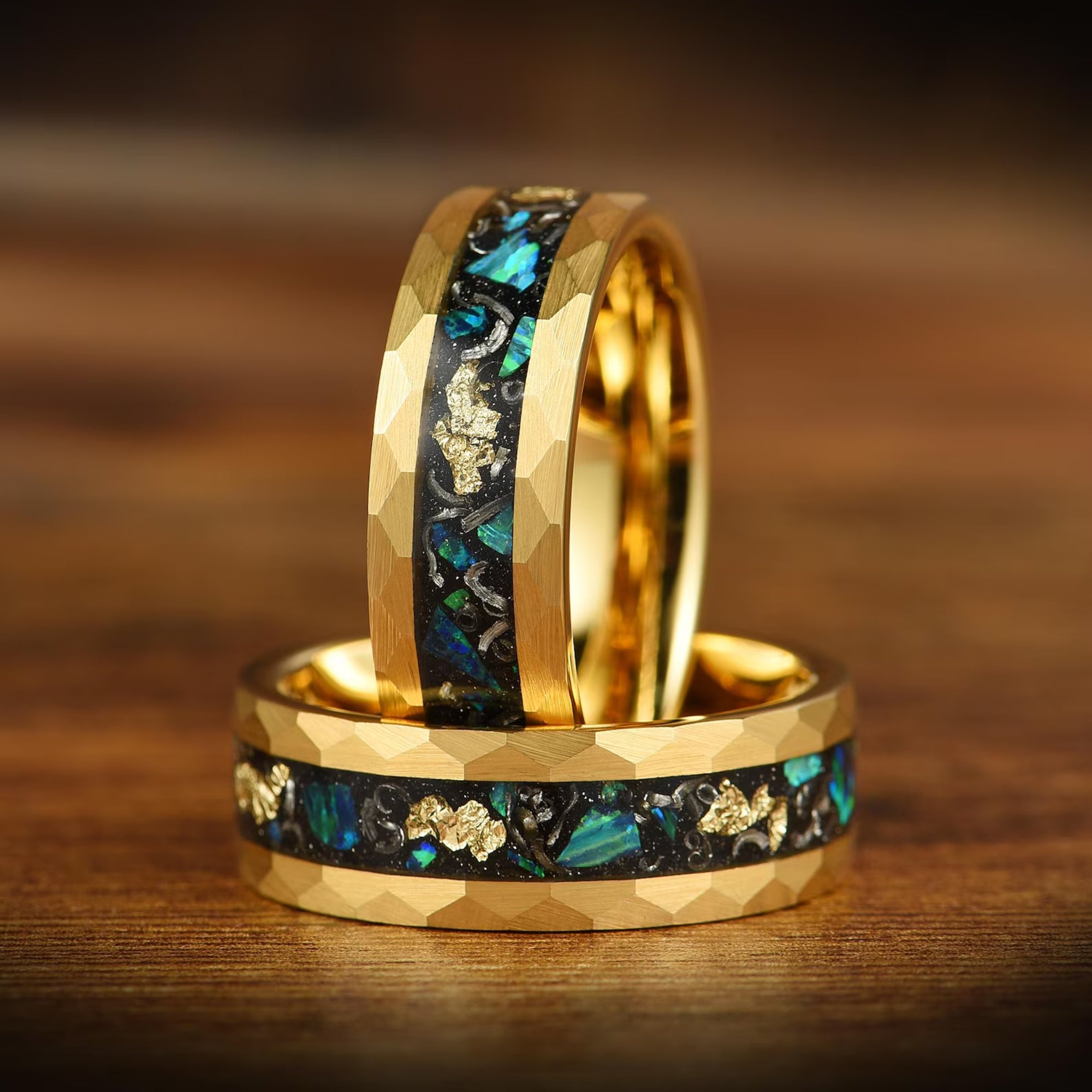 Guy gold ring with hammered 18K gold plated finish and opal inlay main view