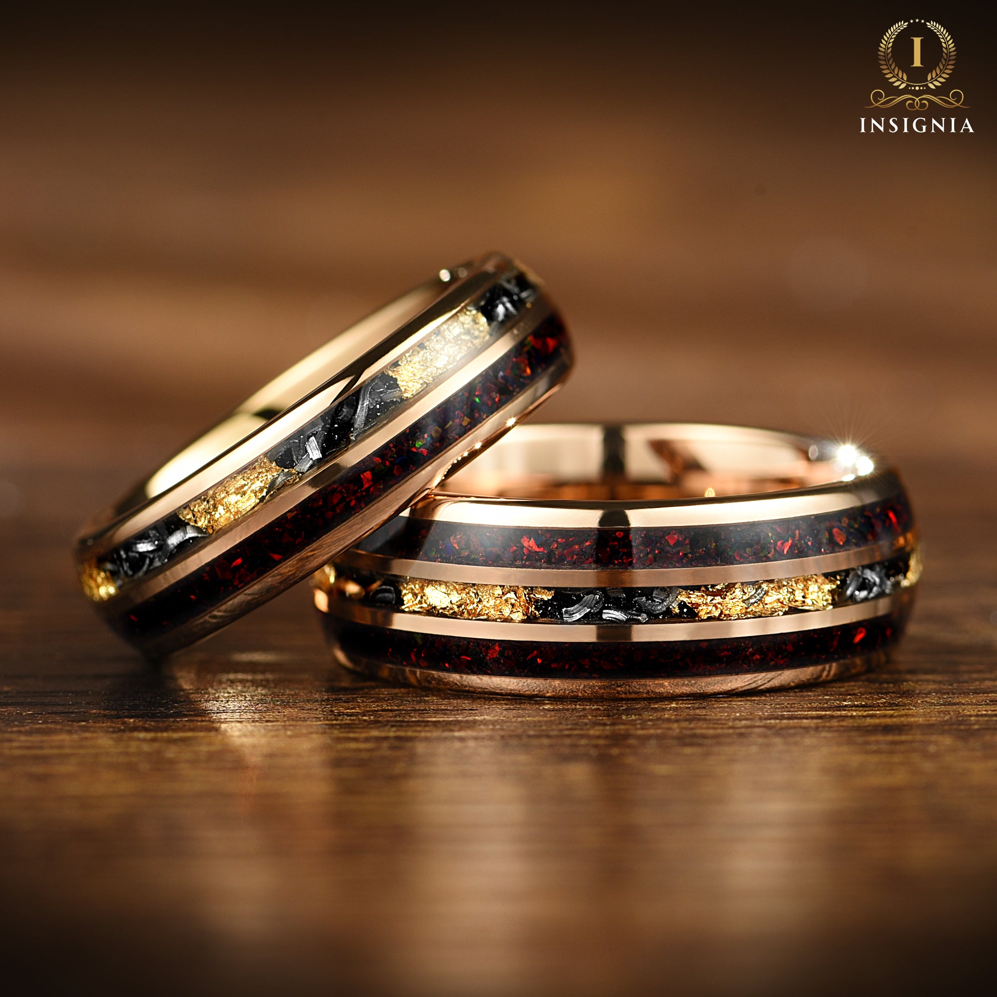 His and Hers Opal Wedding Rings with Meteorite Inlay Horizontal View