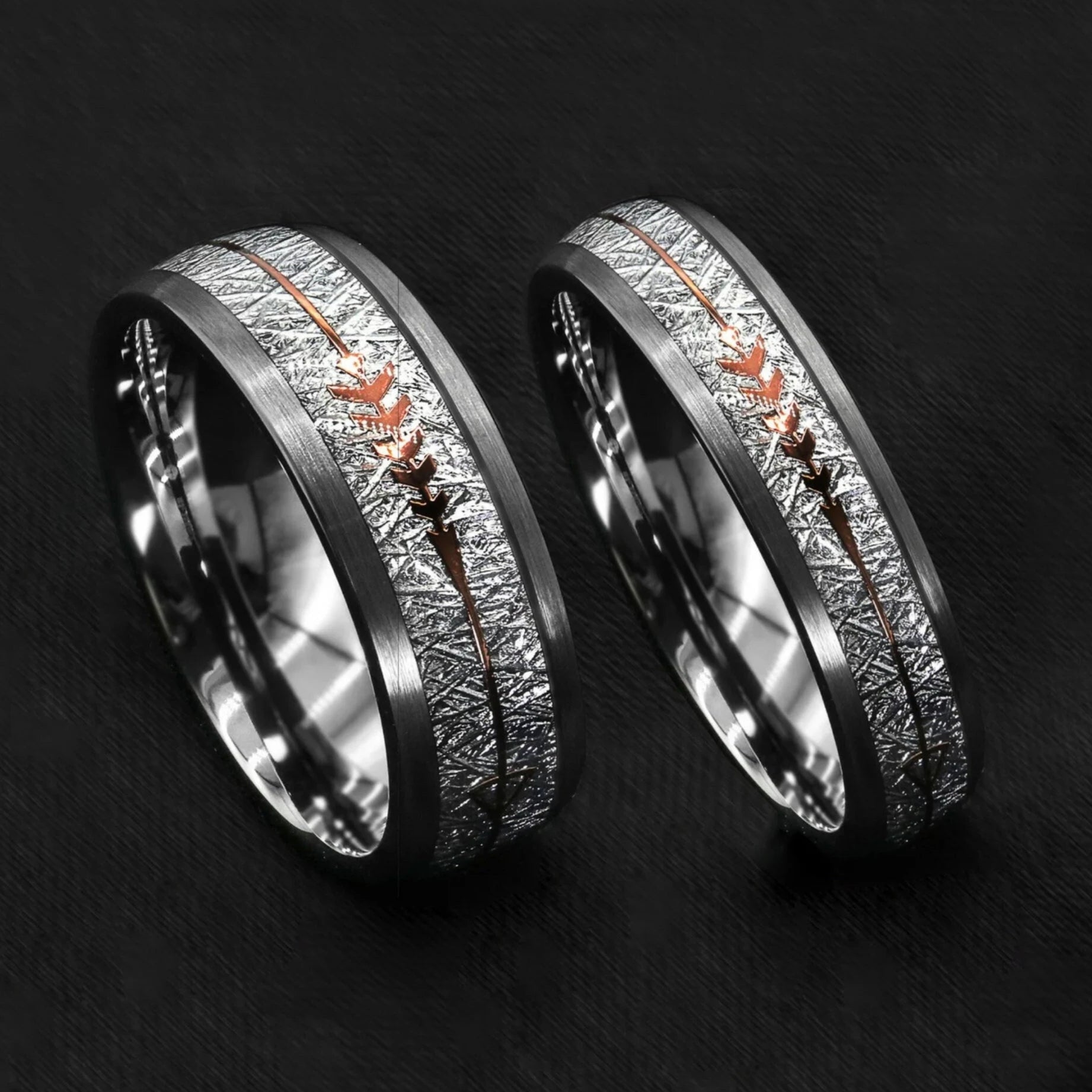 His and Hers Silver Rings Set with Meteorite Inlay in Tungsten Carbide Main View
