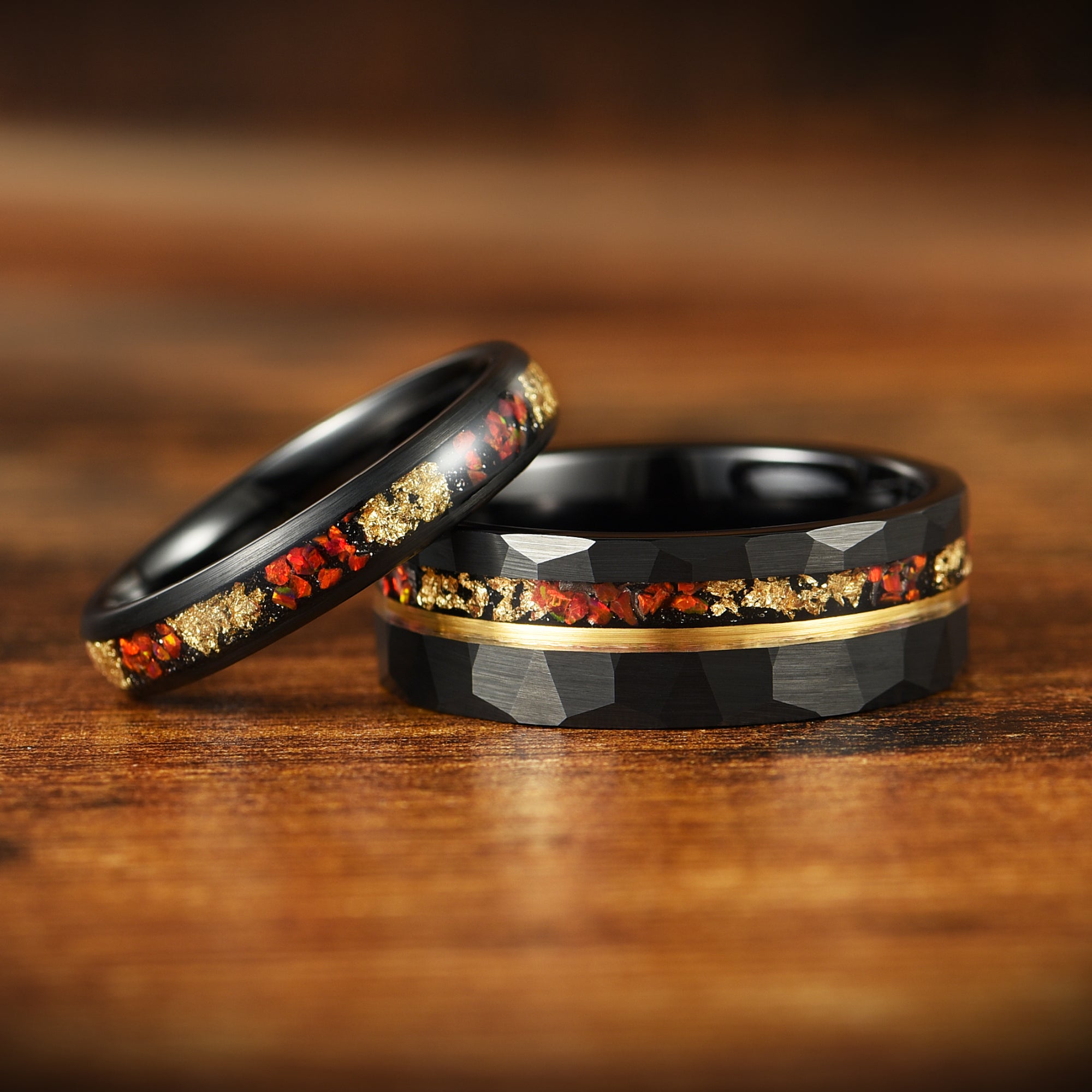 His and her wedding ring sets black tungsten bands with fire opal and meteorite inlay