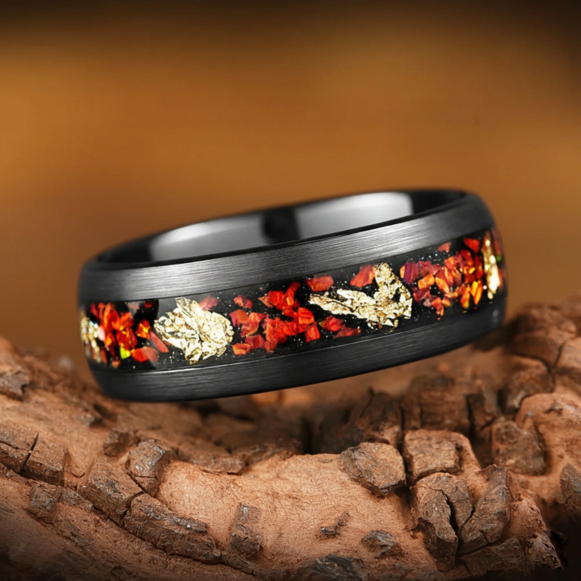 His and Hers Black Opal Ring Set with Gold Leaf Profile View