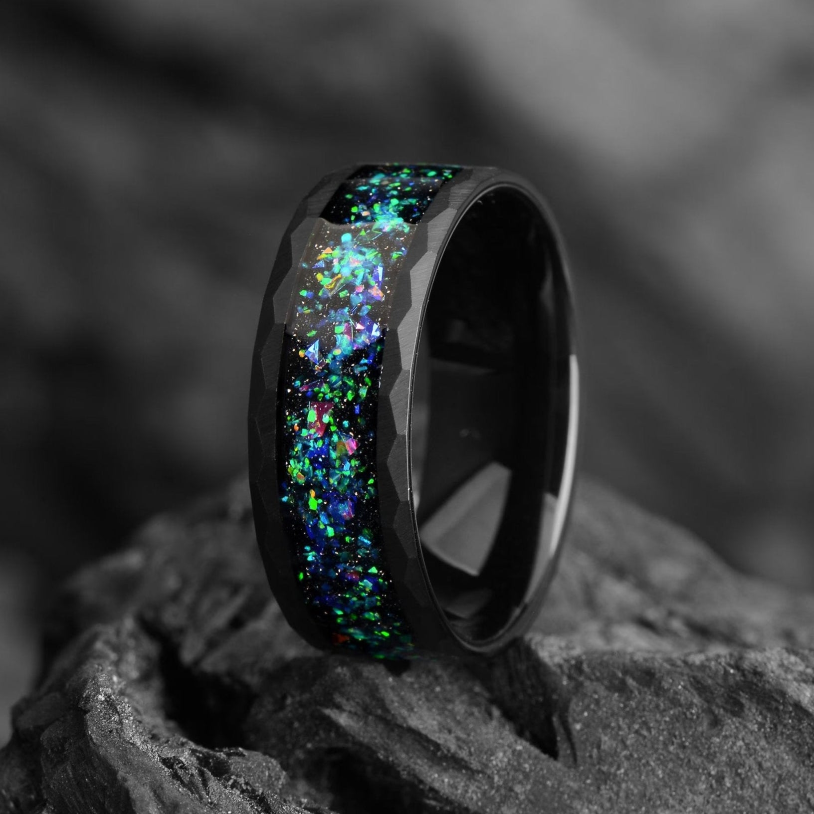 His and Hers Black Tungsten Wedding Bands in Nebula Design Close-Up View