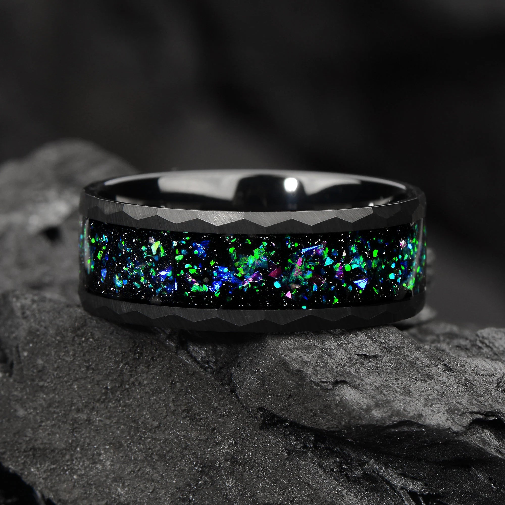 His and Hers Black Tungsten Wedding Bands in Nebula Design Detail View