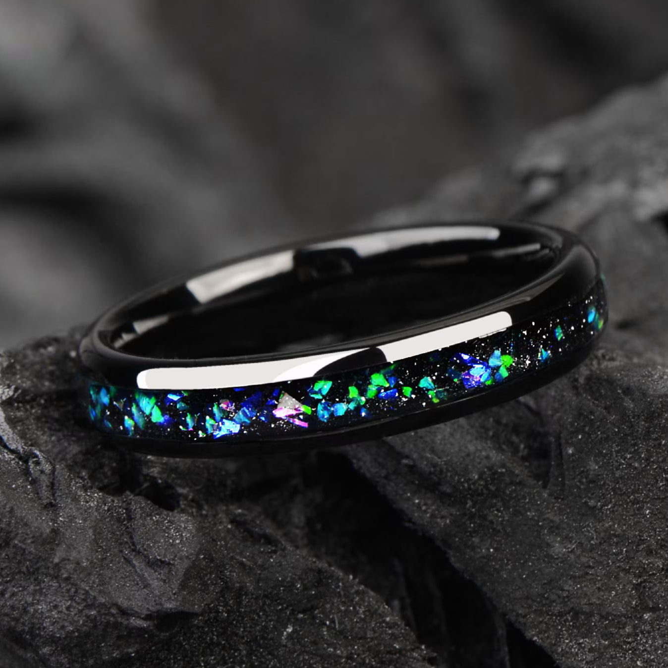 His and Hers Black Tungsten Wedding Bands in Nebula Design Horizontal View