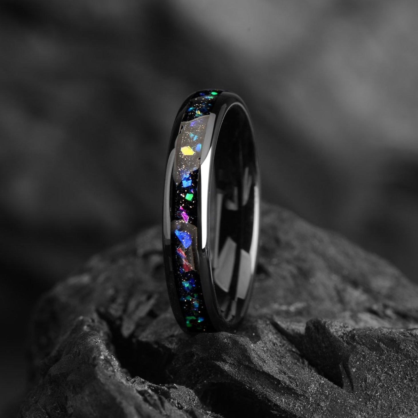 His and Hers Black Tungsten Wedding Bands in Nebula Design Side Angle View