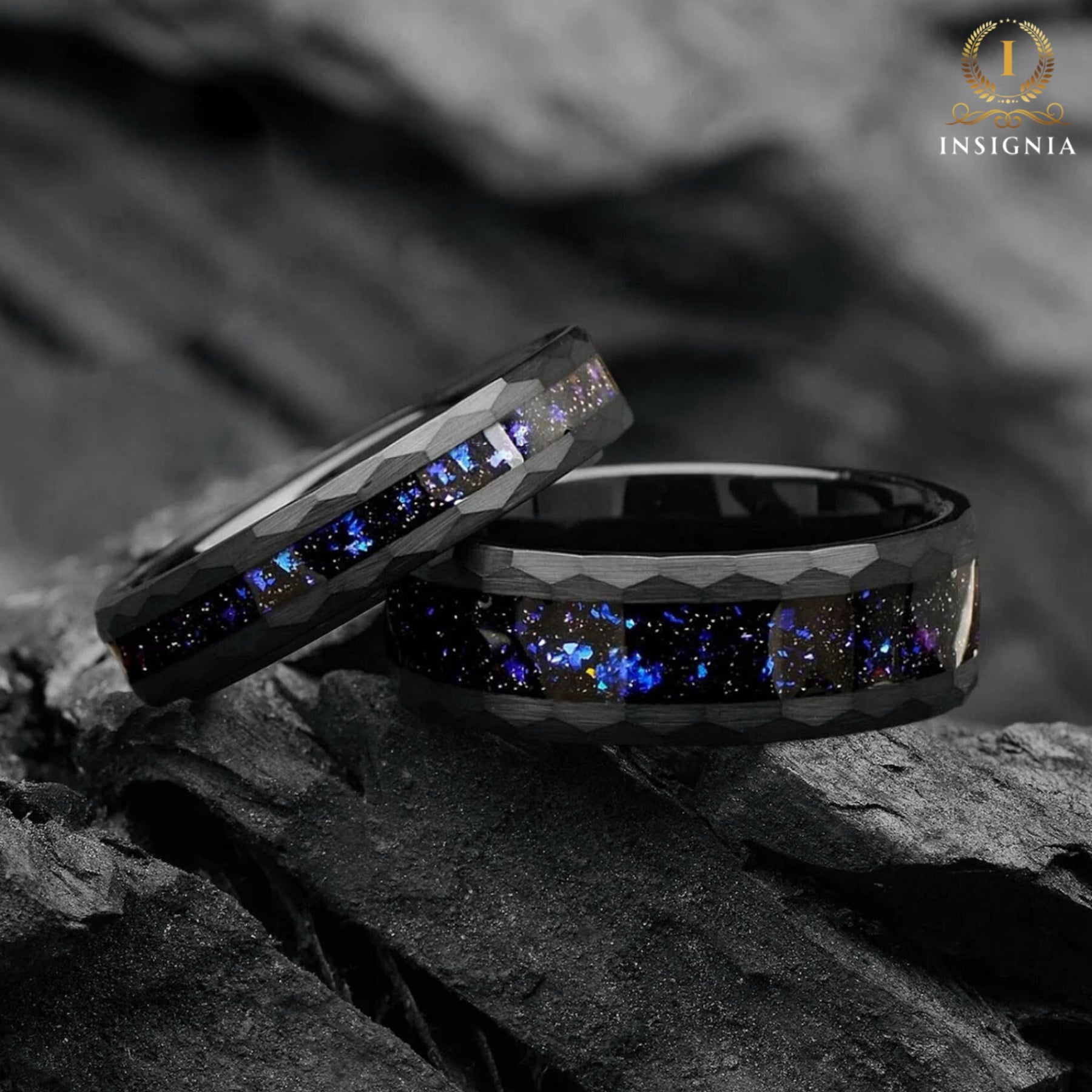 His and Hers Black Tungsten Wedding Rings with Orion Nebula Design