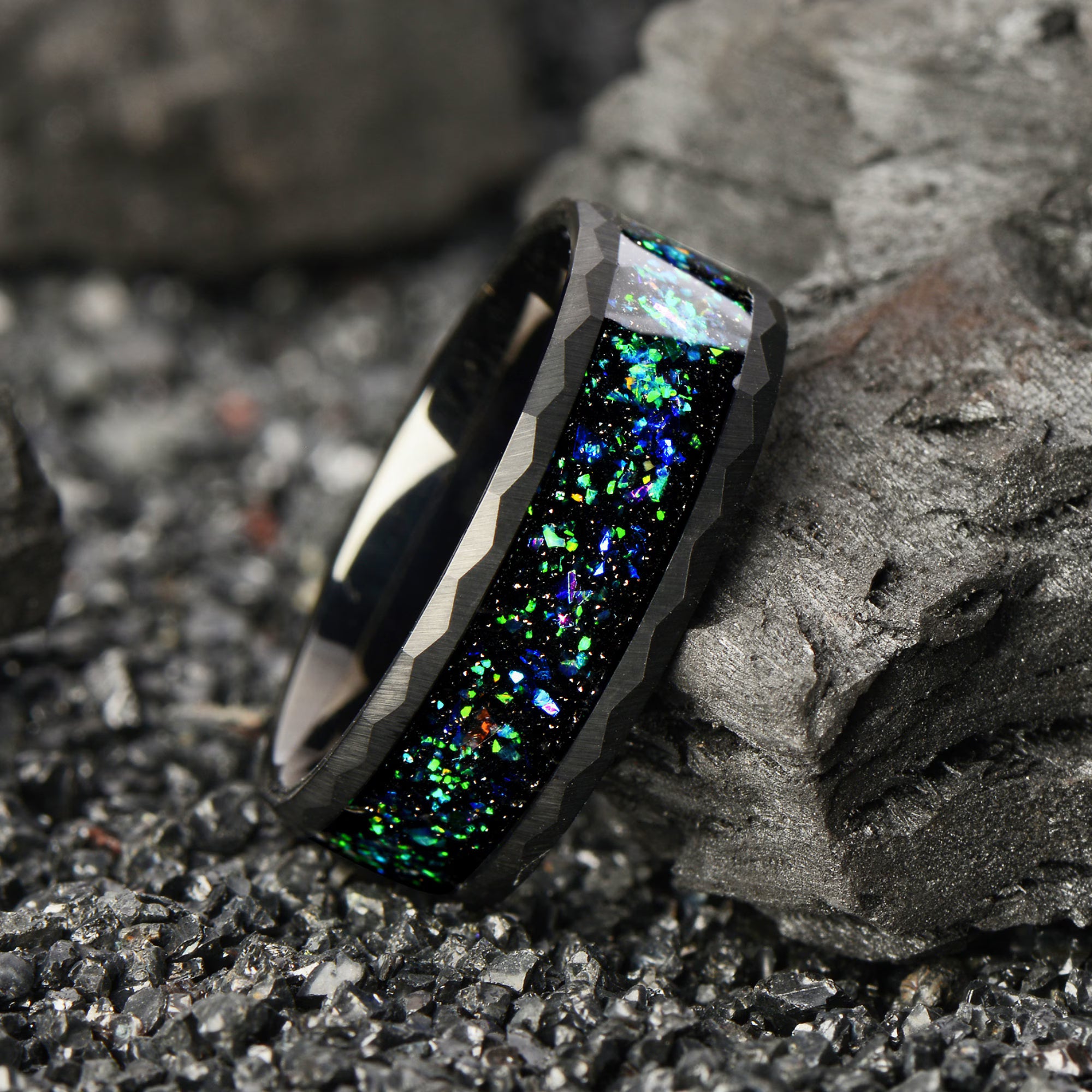His and Hers Black Wedding Bands with Opal and Alexandrite Detail View