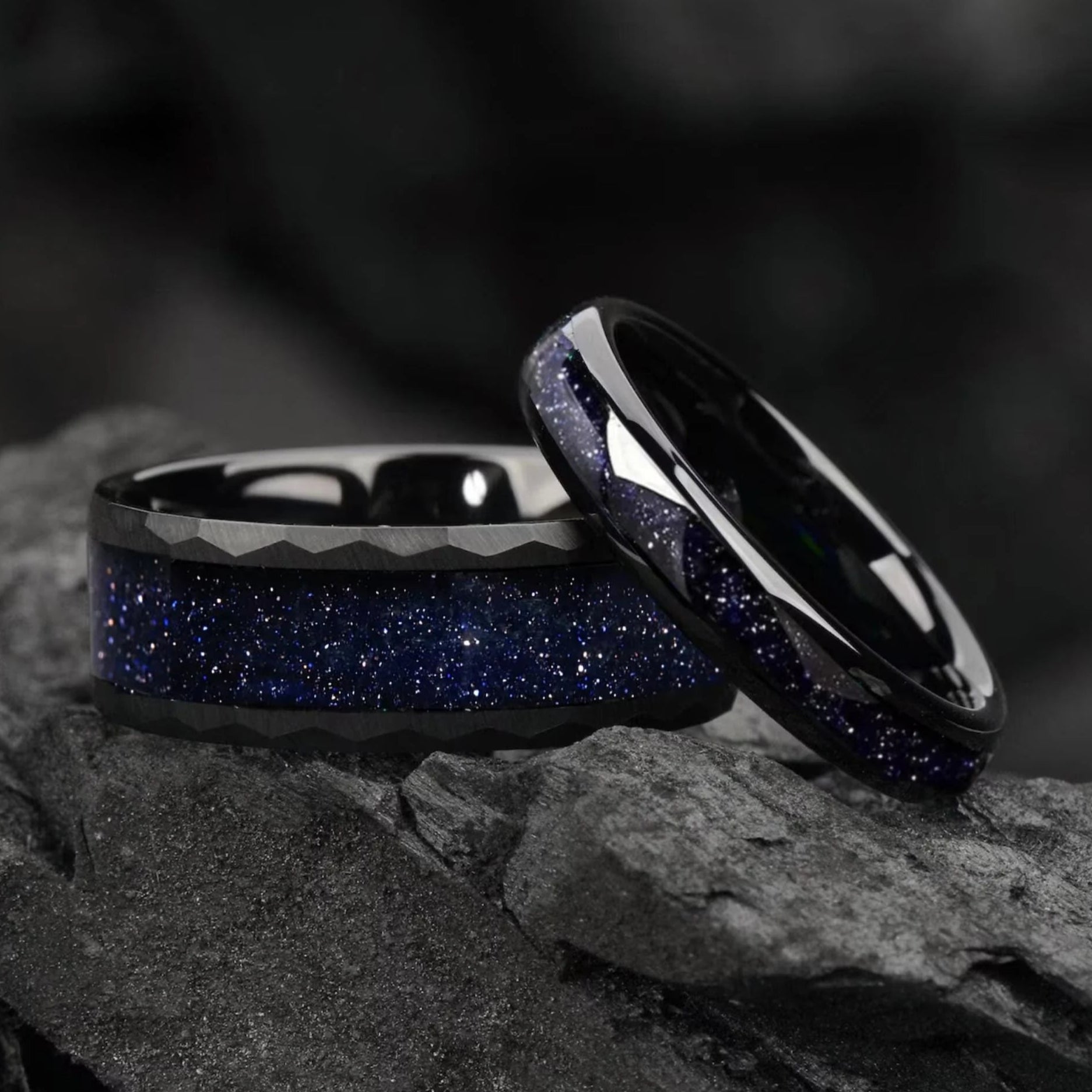 Unique His and Hers Black Commitment Galaxy Rings Engraved