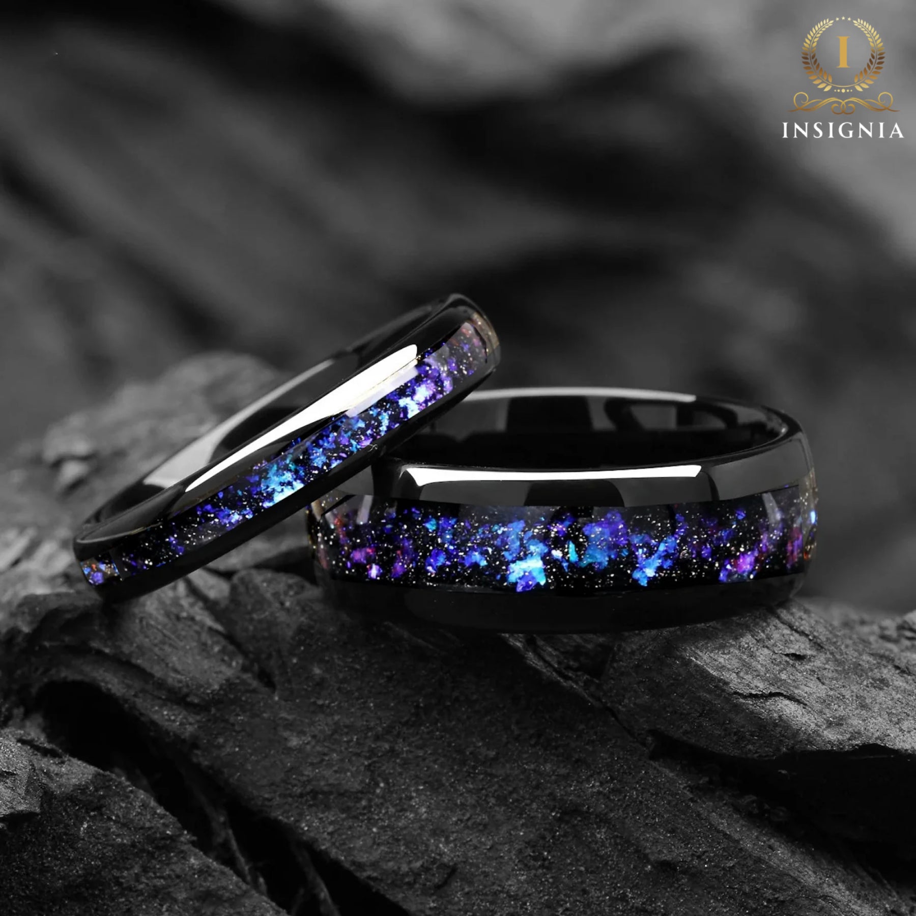 Nebula-Themed His and Hers Black Wedding Band Set Engraved
