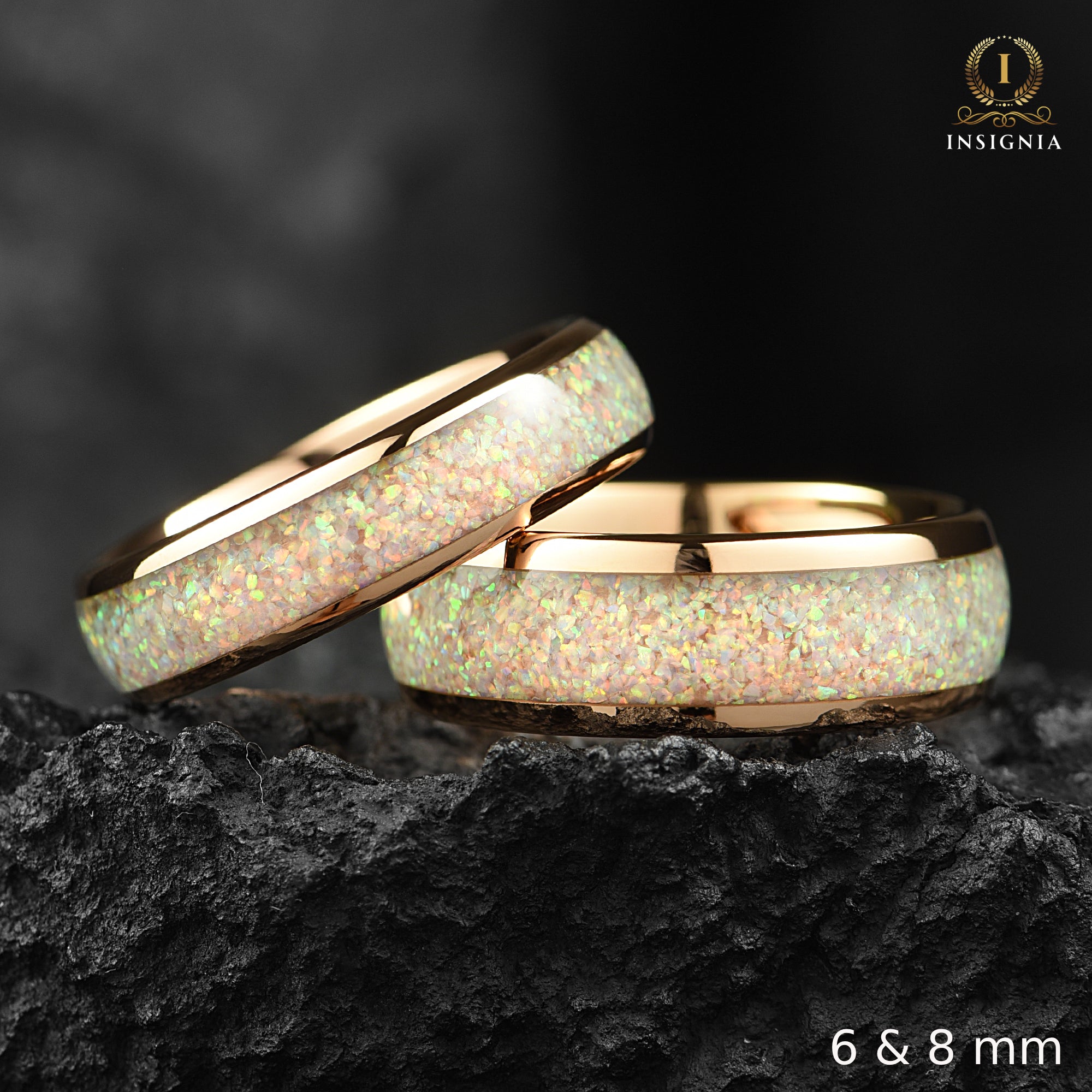 His and Hers Opal Tungsten Rings in Rose Gold Main View