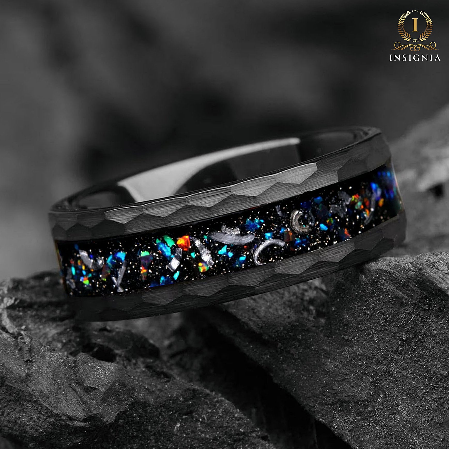 His and Hers Opal Wedding Rings Set in Galaxy Design Side View