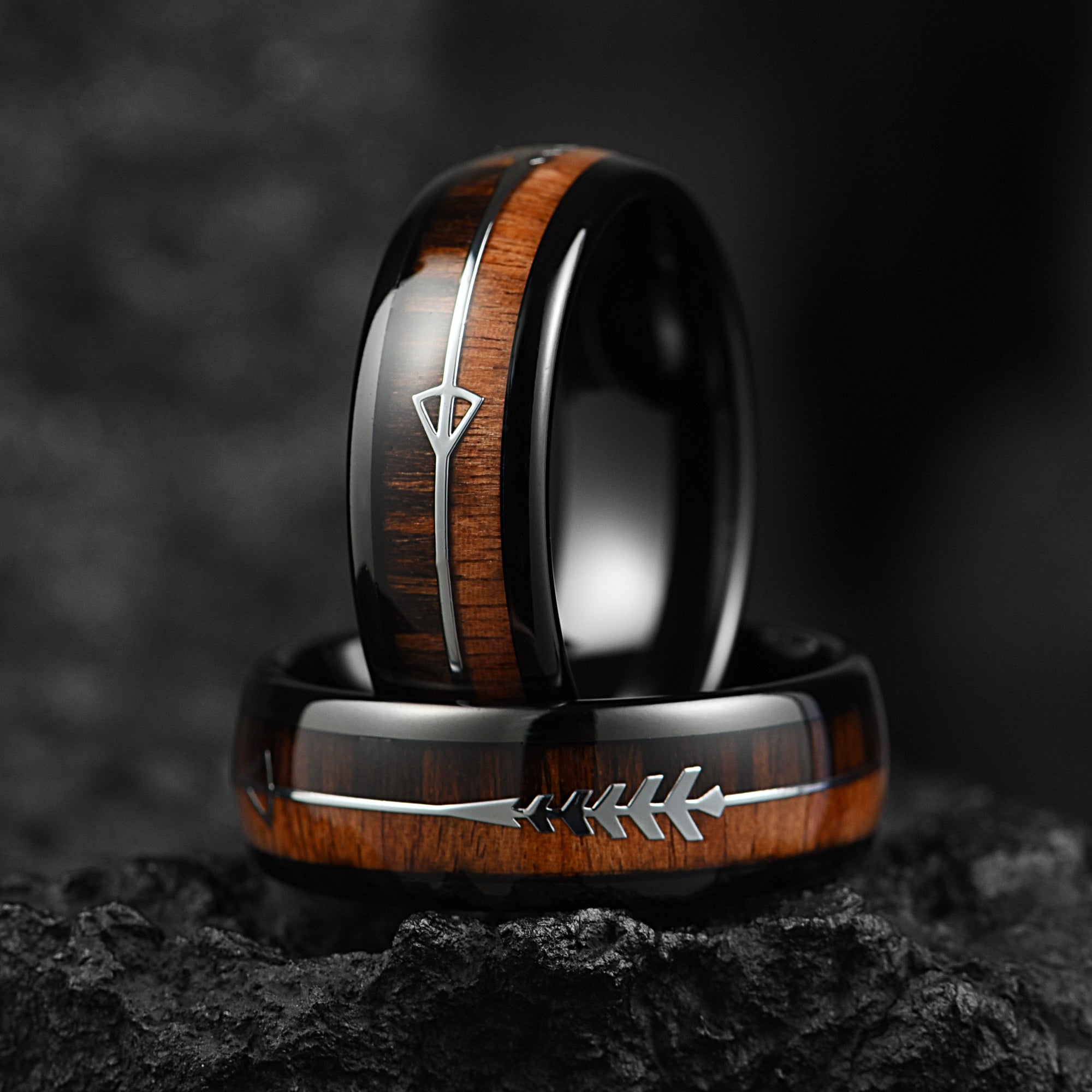 His and Hers Promise Engraved Rings in Black Wooden Design Profile View