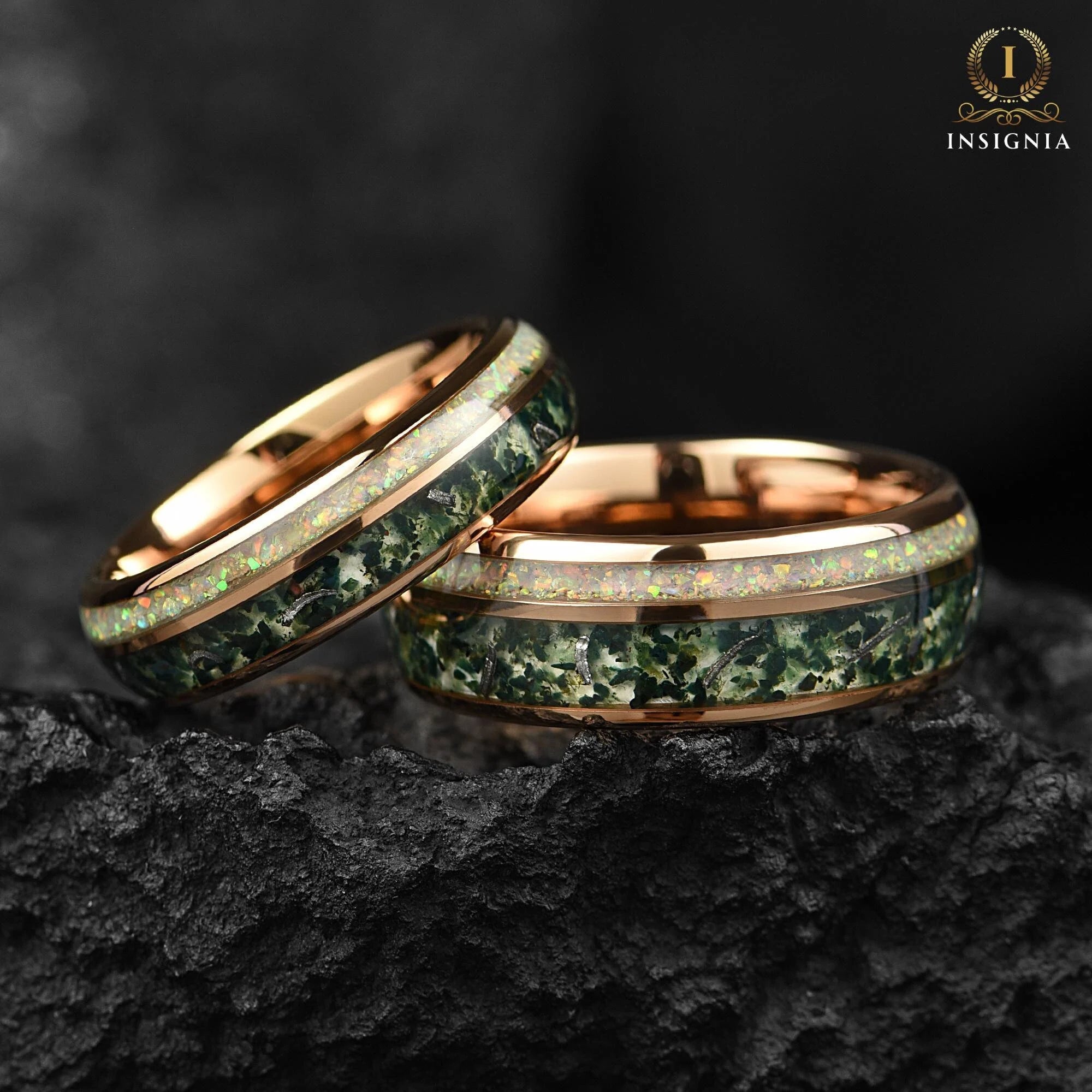 His and Hers Promise Ring Couple in Moss Agate Main View