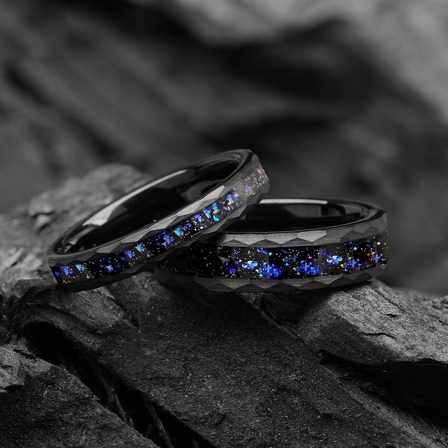 His and Hers Relationship Promise Rings in Black Galaxy Design