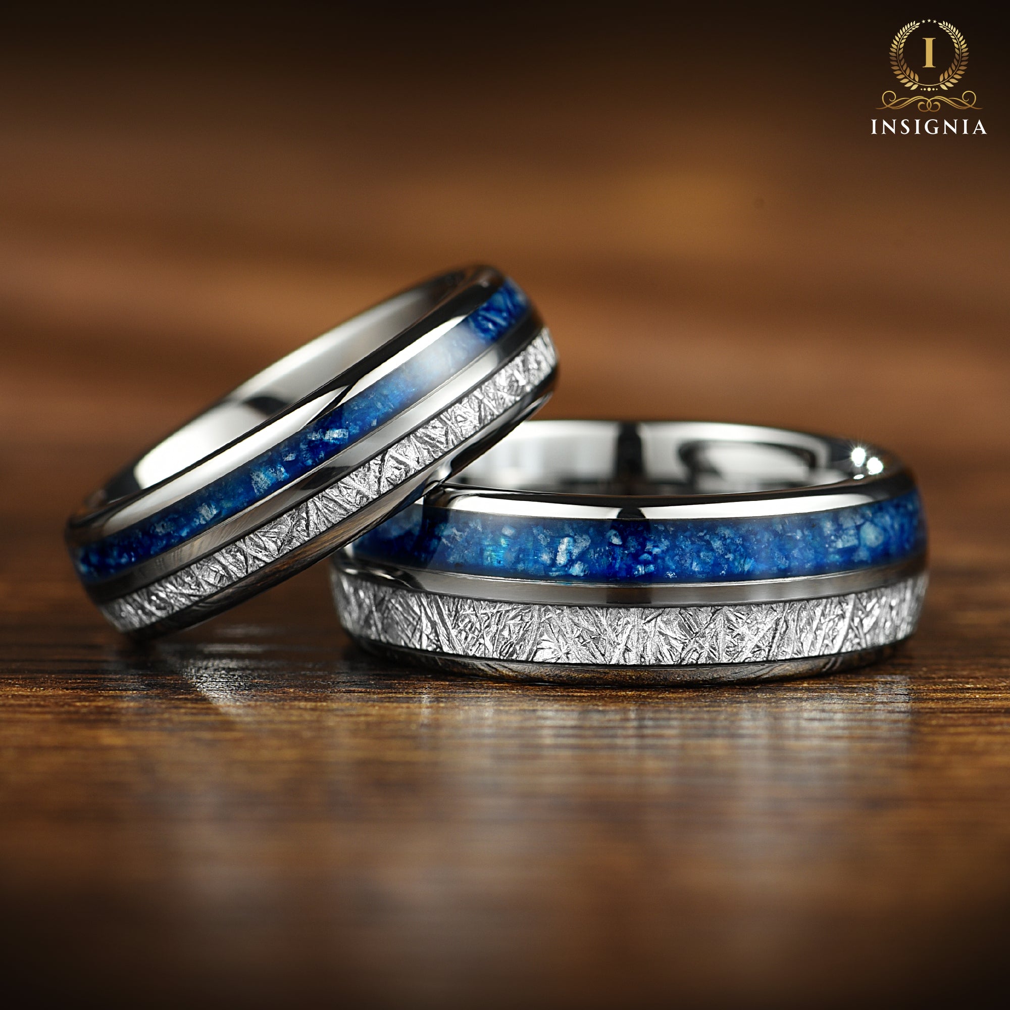 His and Hers Silver Wedding Set in Blue Agate Design