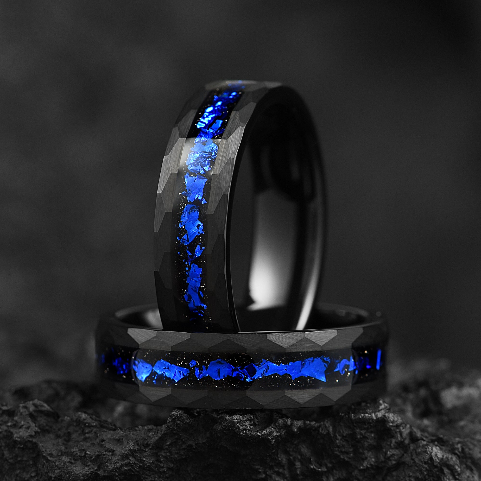 His and Hers Tungsten Wedding Rings Set in Galaxy Design Close-Up View