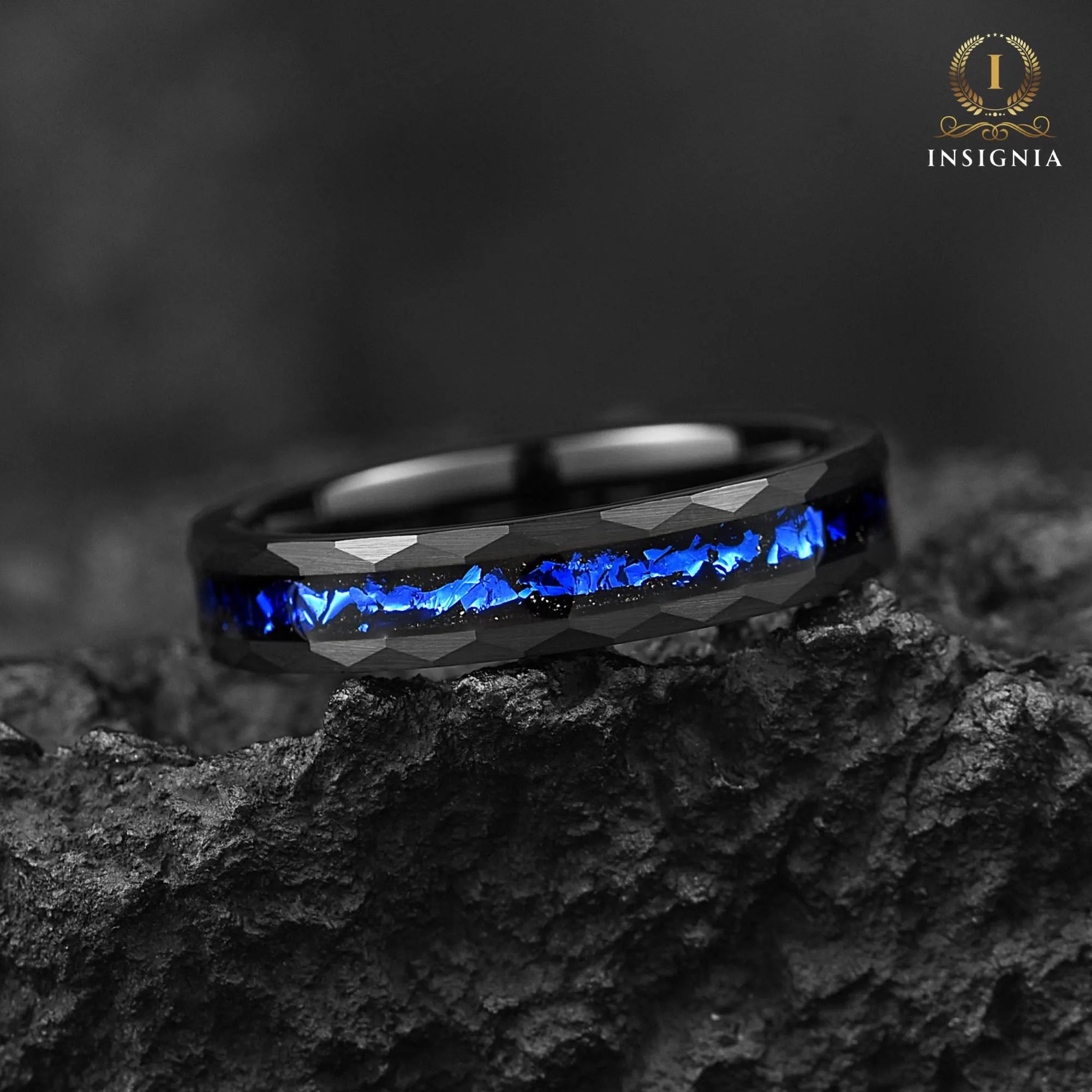 His and Hers Tungsten Wedding Rings Set in Galaxy Design Flat Lay View