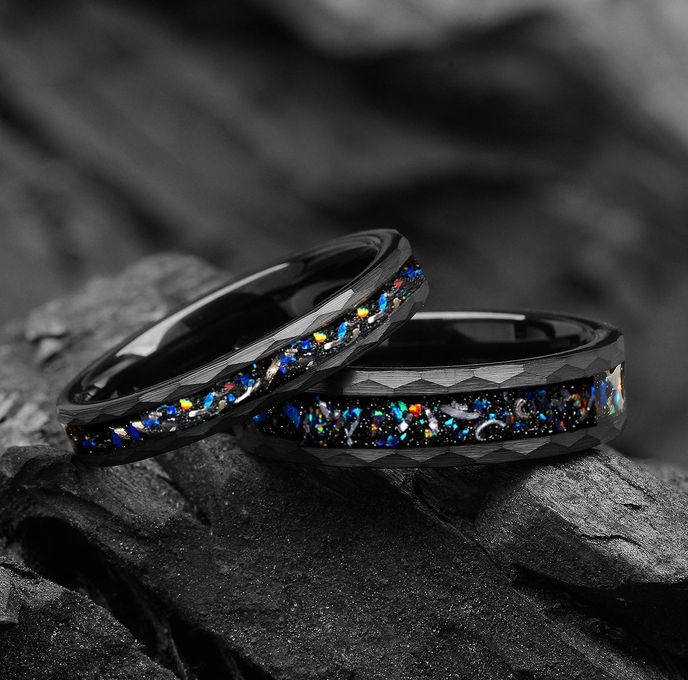 Main view of his & hers wedding band set with meteorite and black fire opal in black tungsten carbide, hammered edges for couples