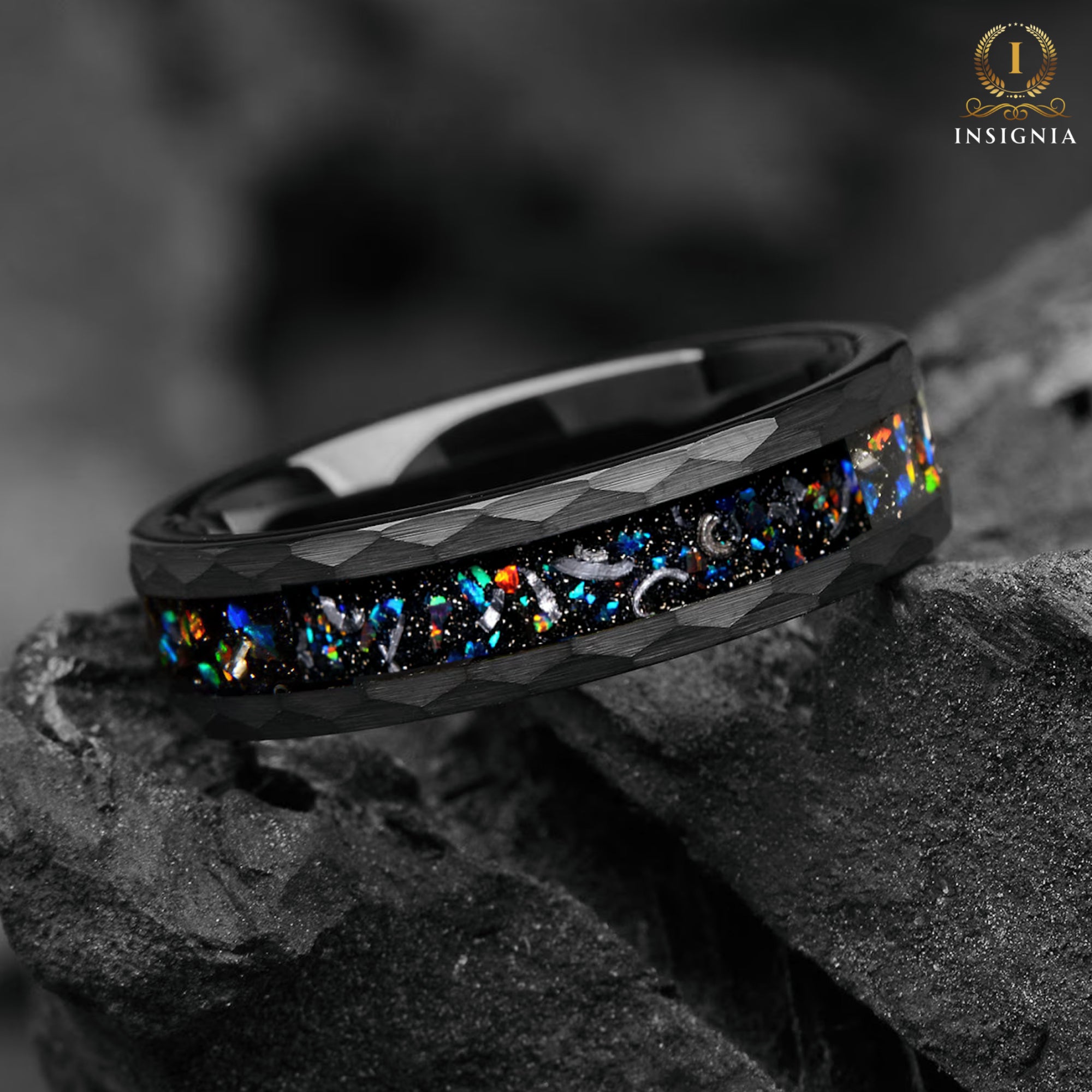 Side view of his & hers wedding band set showing hammered edges and black fire opal inlays for couples