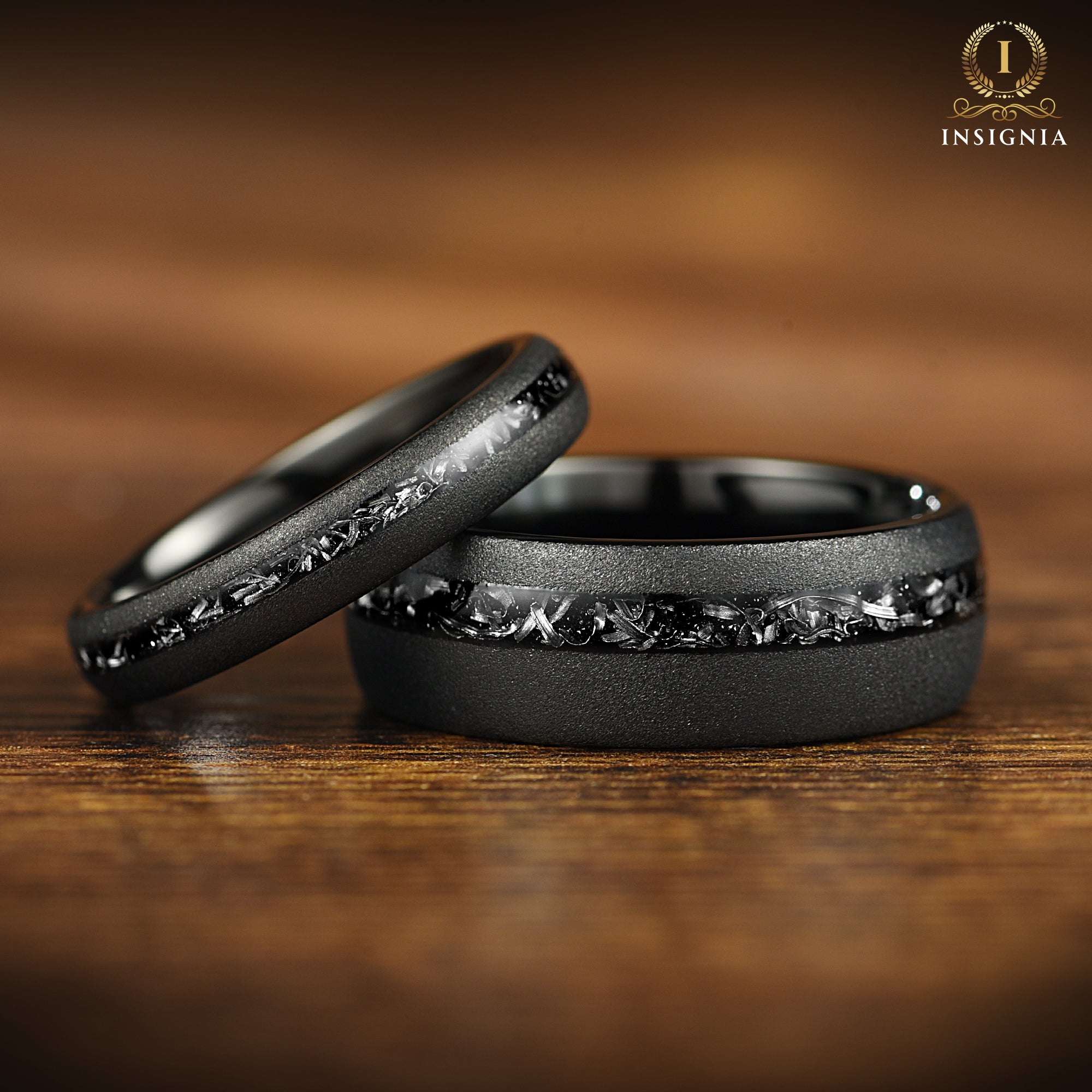 His and Hers Wedding Bands in Black Tungsten with Meteorite Main View