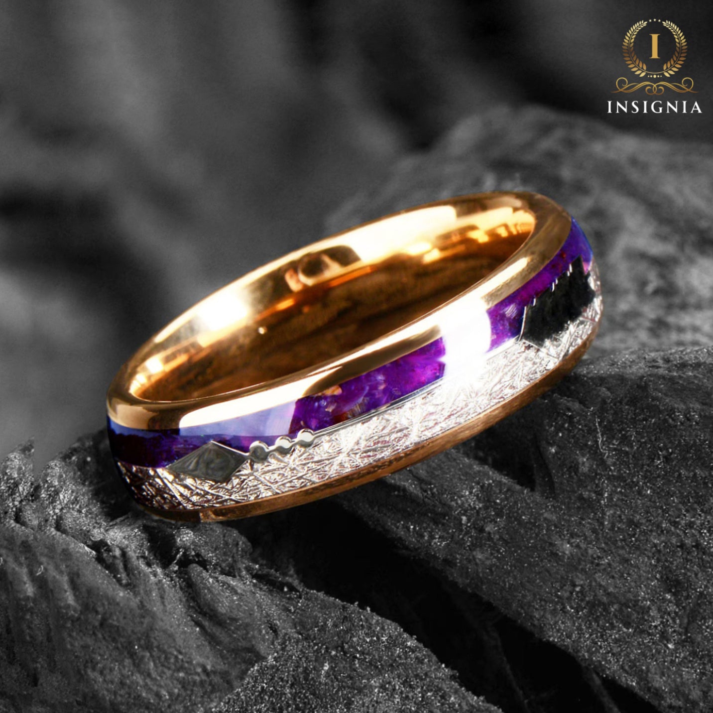 MATCHING RINGS TUNGSTEN PURPLE AGATE & METEORITE SET