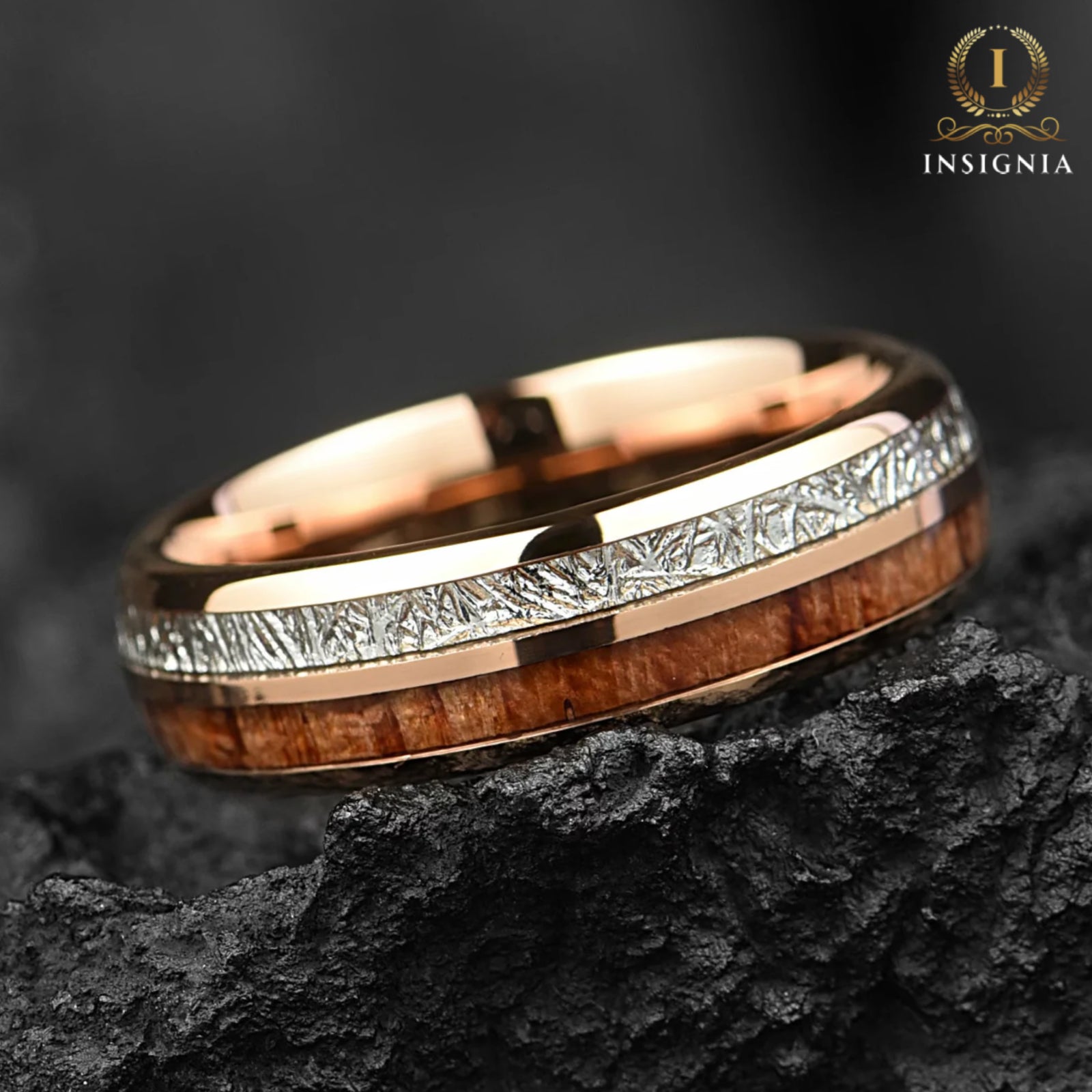 Ehering-Set aus Meteorit und Koa-Holz für Sie und Ihn - Paarringe aus Holz 6/8 mm - Einzigartiger Verlobungsring für Paare - Pfeilkuppelringe aus Redwood