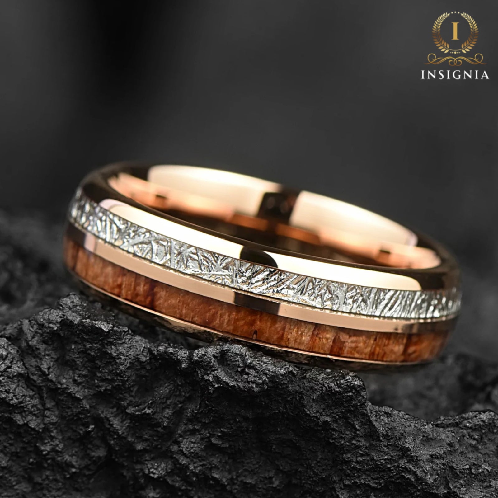 Ehering-Set aus Meteorit und Koa-Holz für Sie und Ihn - Paarringe aus Holz 6/8 mm - Einzigartiger Verlobungsring für Paare - Pfeilkuppelringe aus Redwood