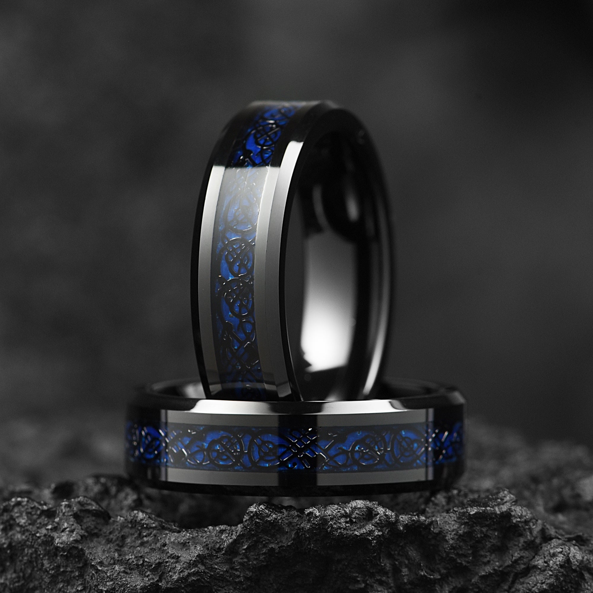 ladies celtic ring black tungsten with blue carbon fibre main view