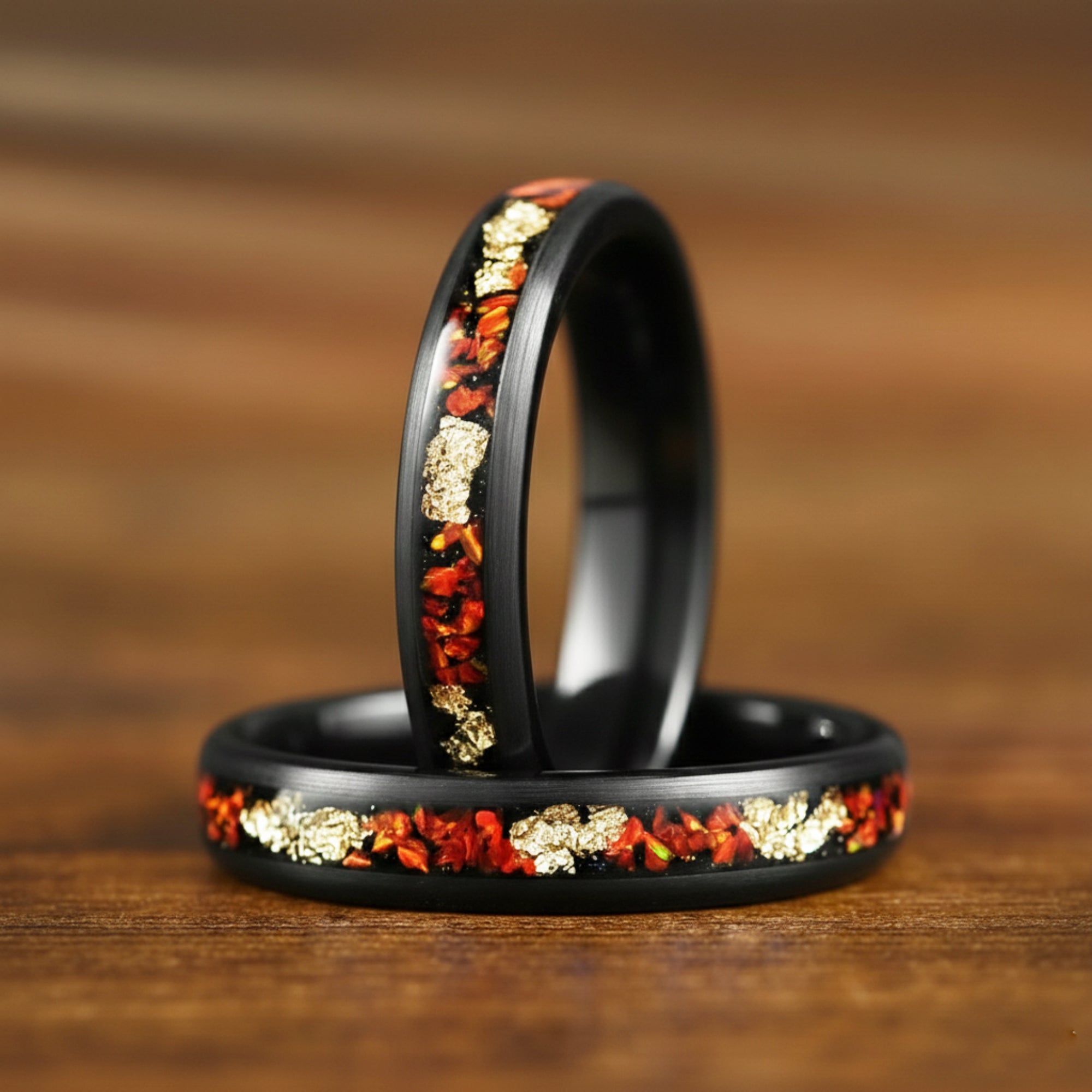 black ladies marriage ring with fire opal close up view