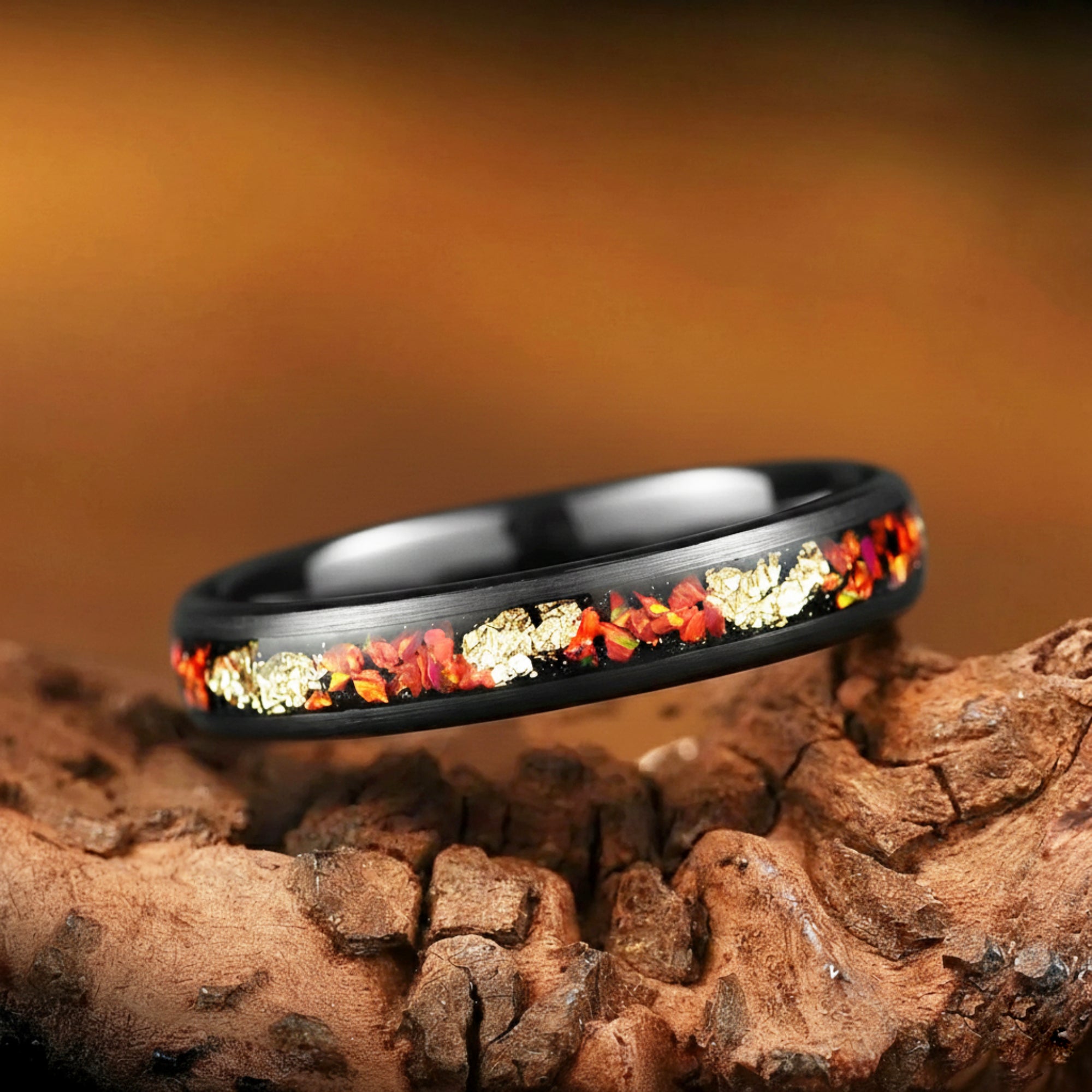 black ladies marriage ring with fire opal main view