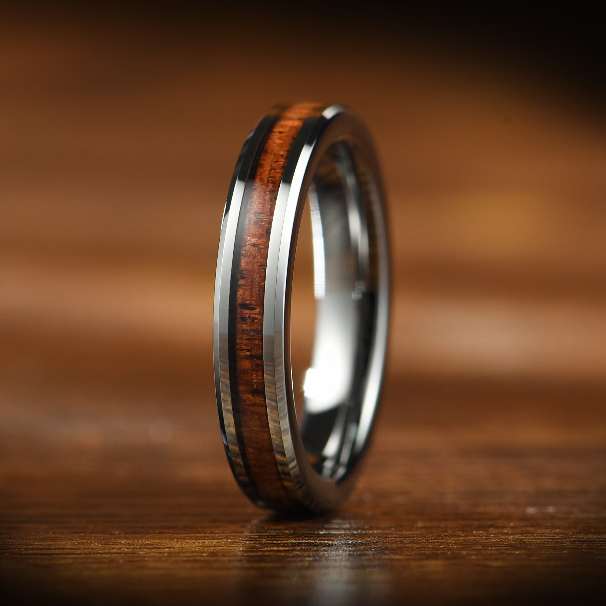 Ladies Rings Silver Tungsten Koawood Top View