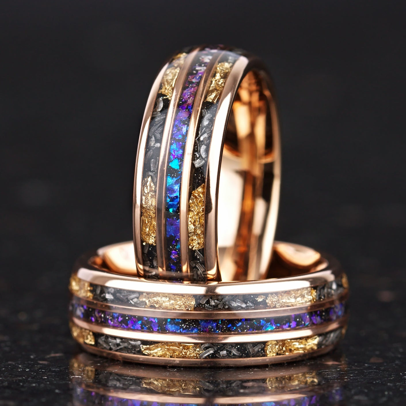 Male engagement ring with meteorite and Orion nebula inlay main view