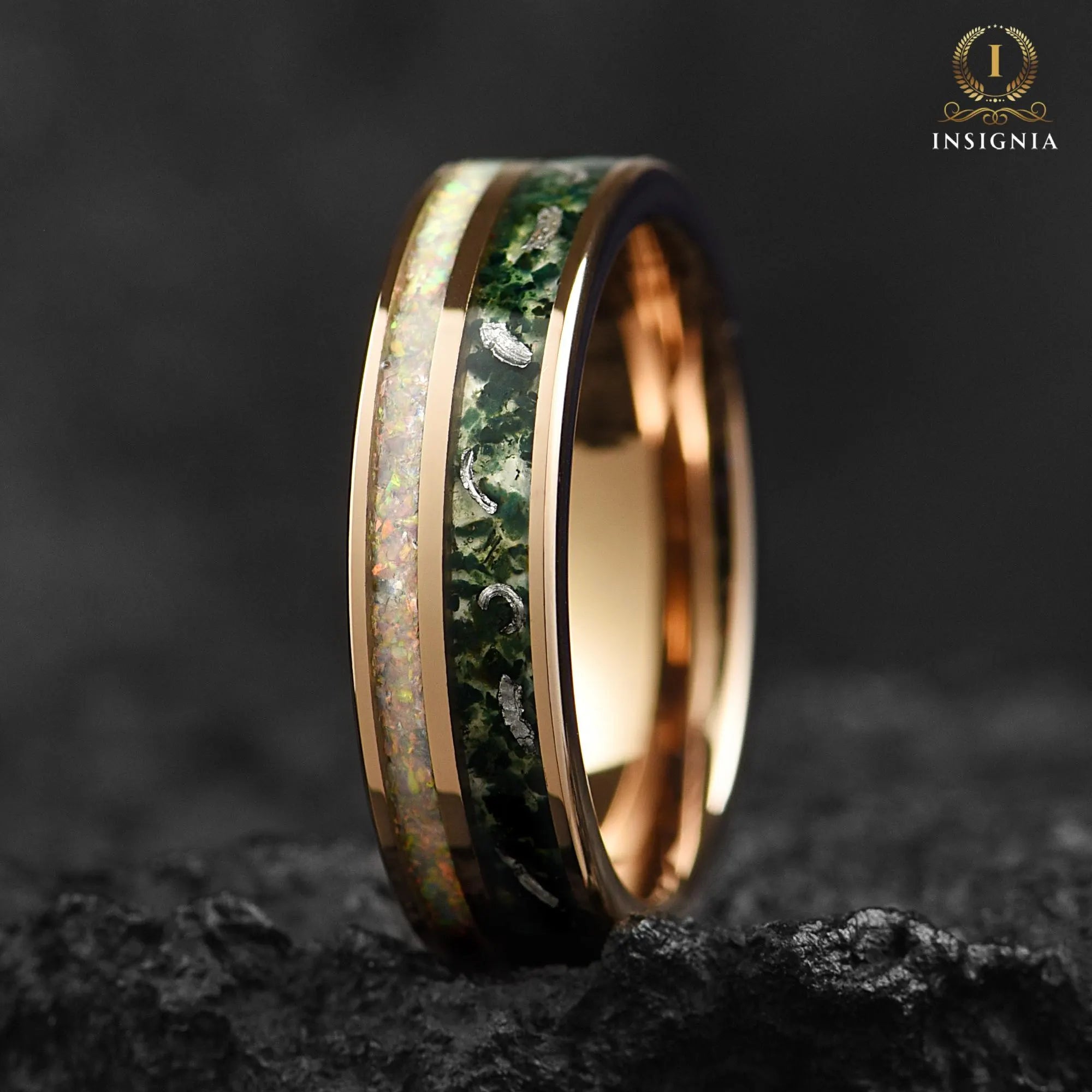 Male Rings Moss Agate Opal Close Up View