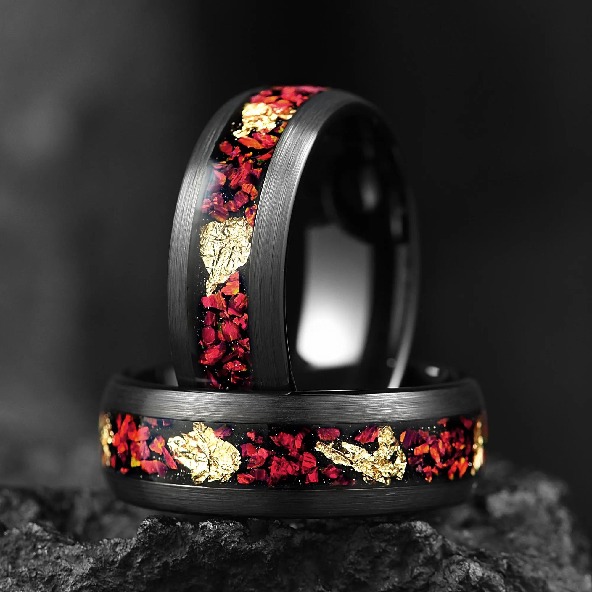 Man Bands Wedding in Black Tungsten with Opal Close View