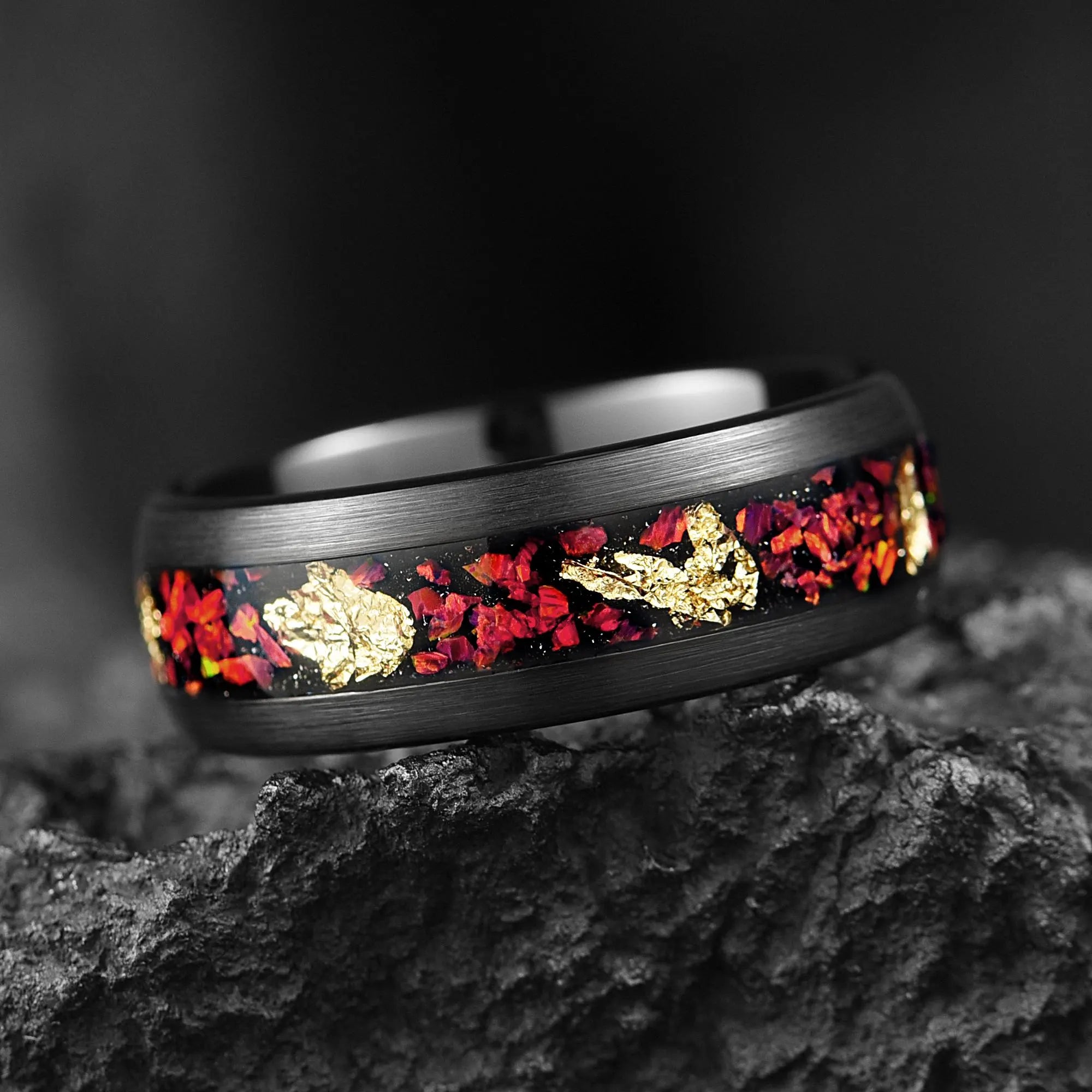 Man Bands Wedding in Black Tungsten with Opal Top View