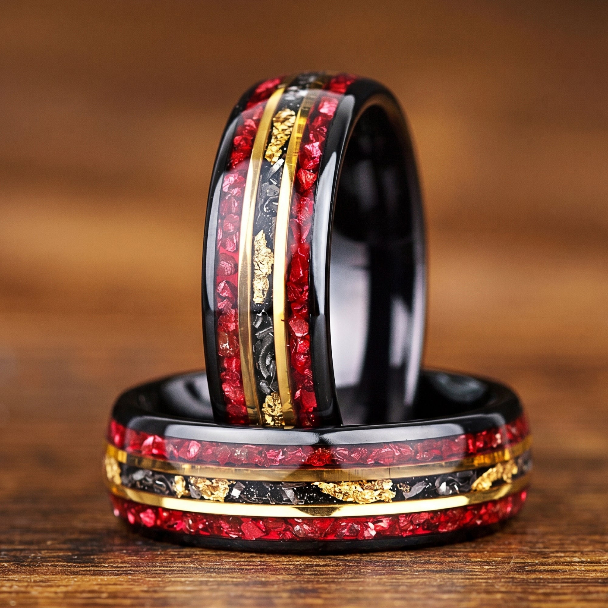 Marriage ring male black tungsten band with garnet and meteorite inlay main view