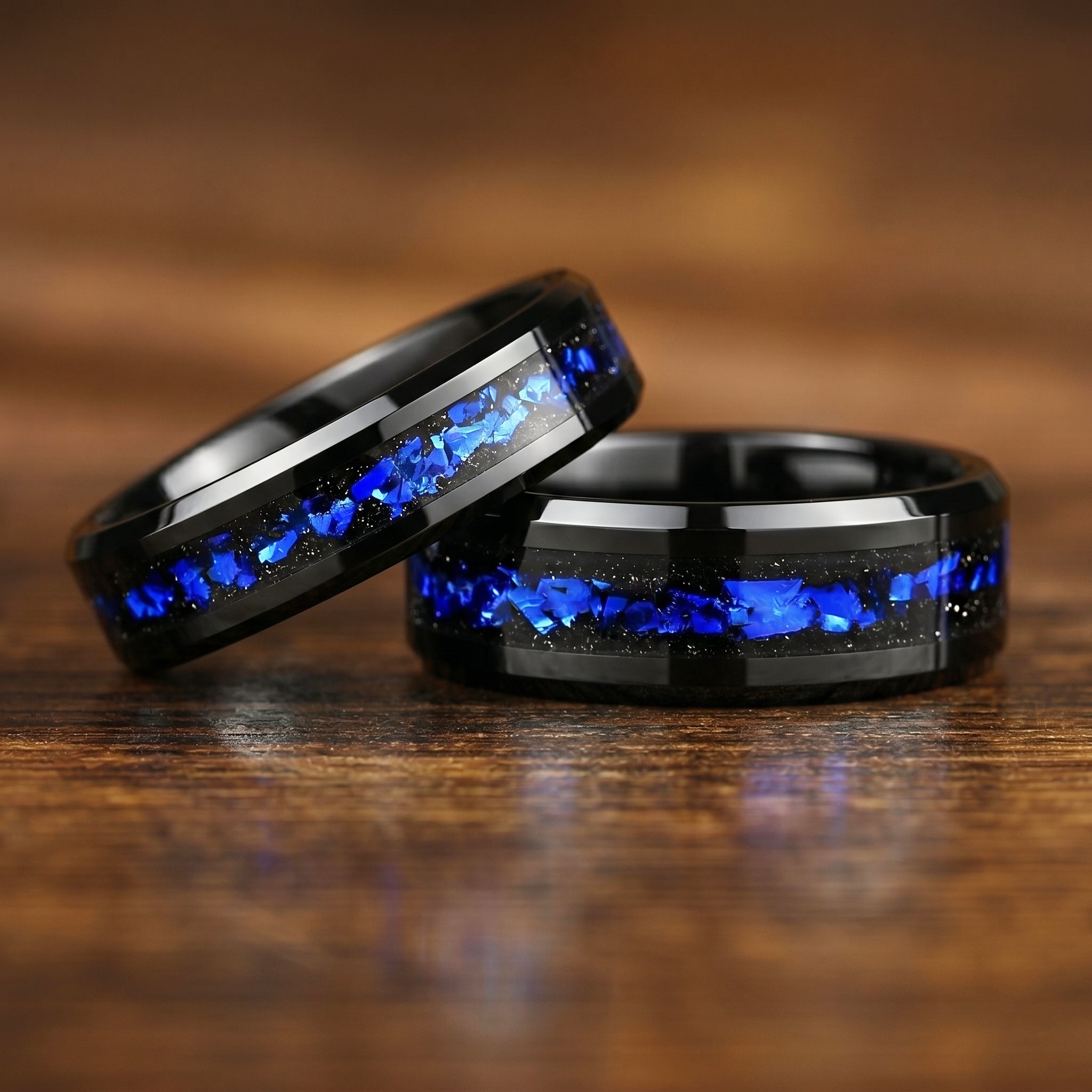 Matching Rings Cheap Promise Engraved in Black Galaxy Design Main View