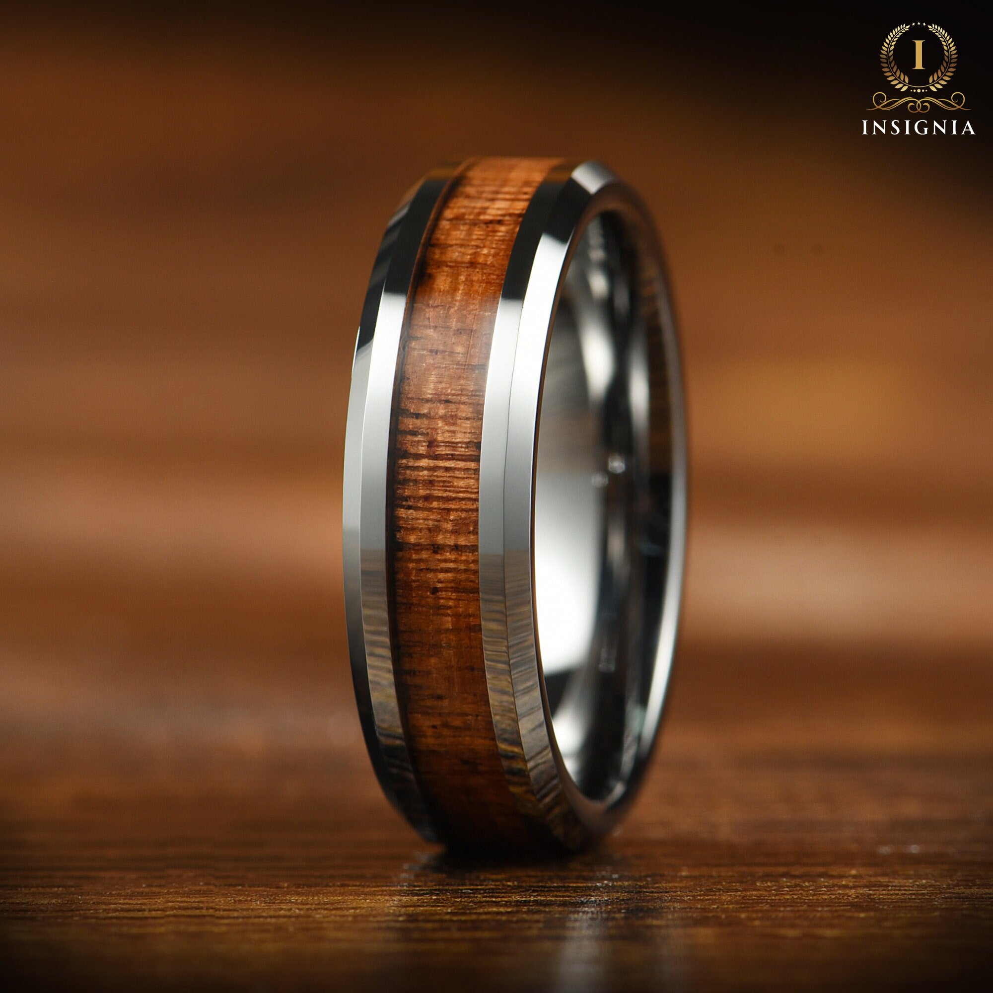 Matching Rings Couple Promise Set in Hardwood Tungsten Angled View