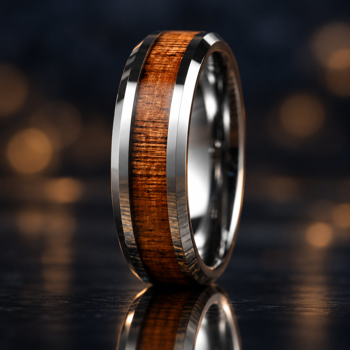 Matching Rings Couple Promise Set in Hardwood Tungsten Close Up View