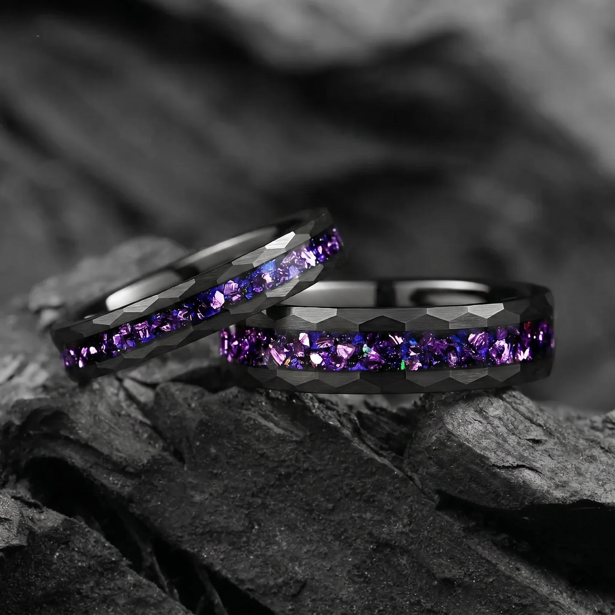 Matching Rings Custom Tungsten Wedding Bands in Pulsar Design Main View