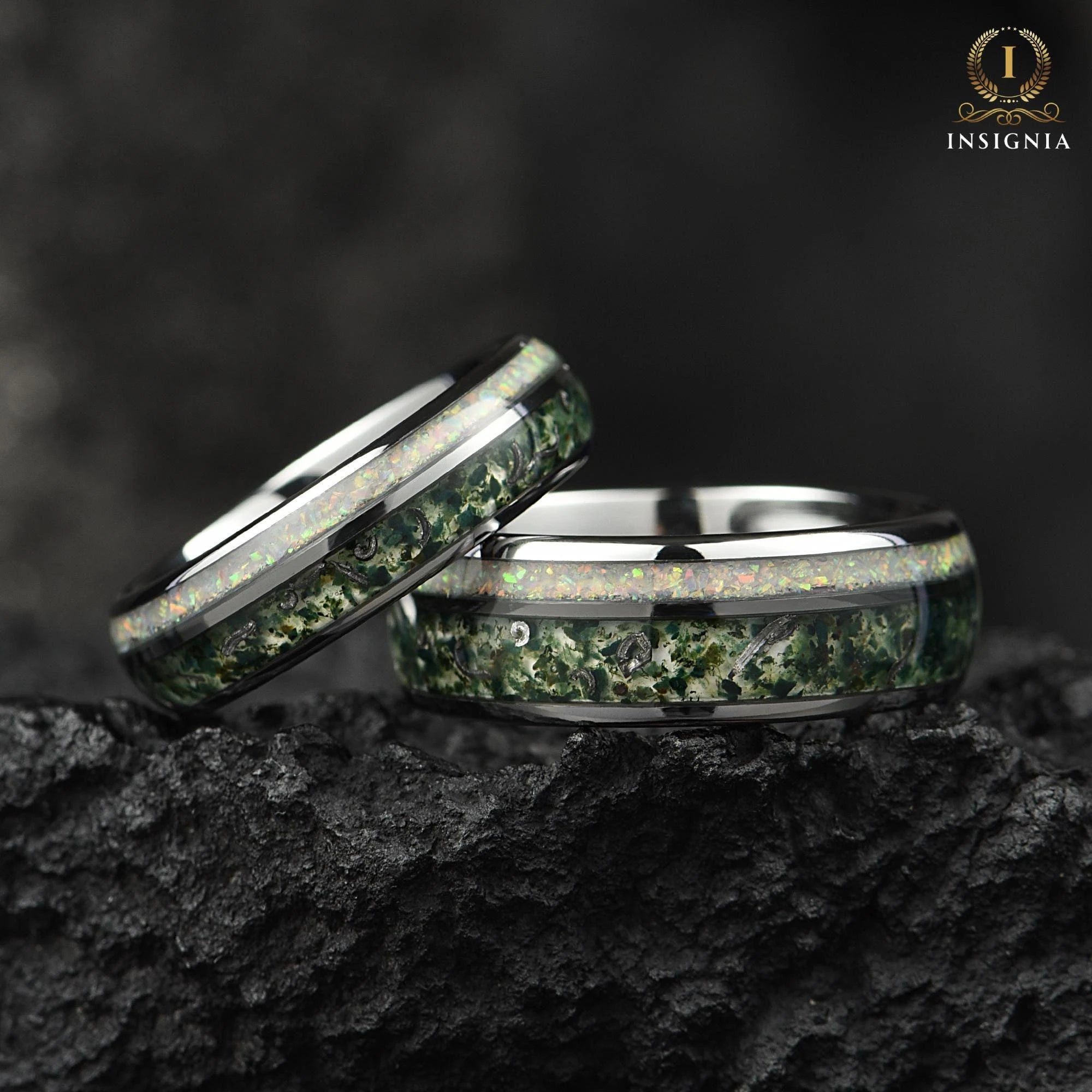 Matching Rings Tungsten Silver Wedding Set in Moss Agate Design Main View