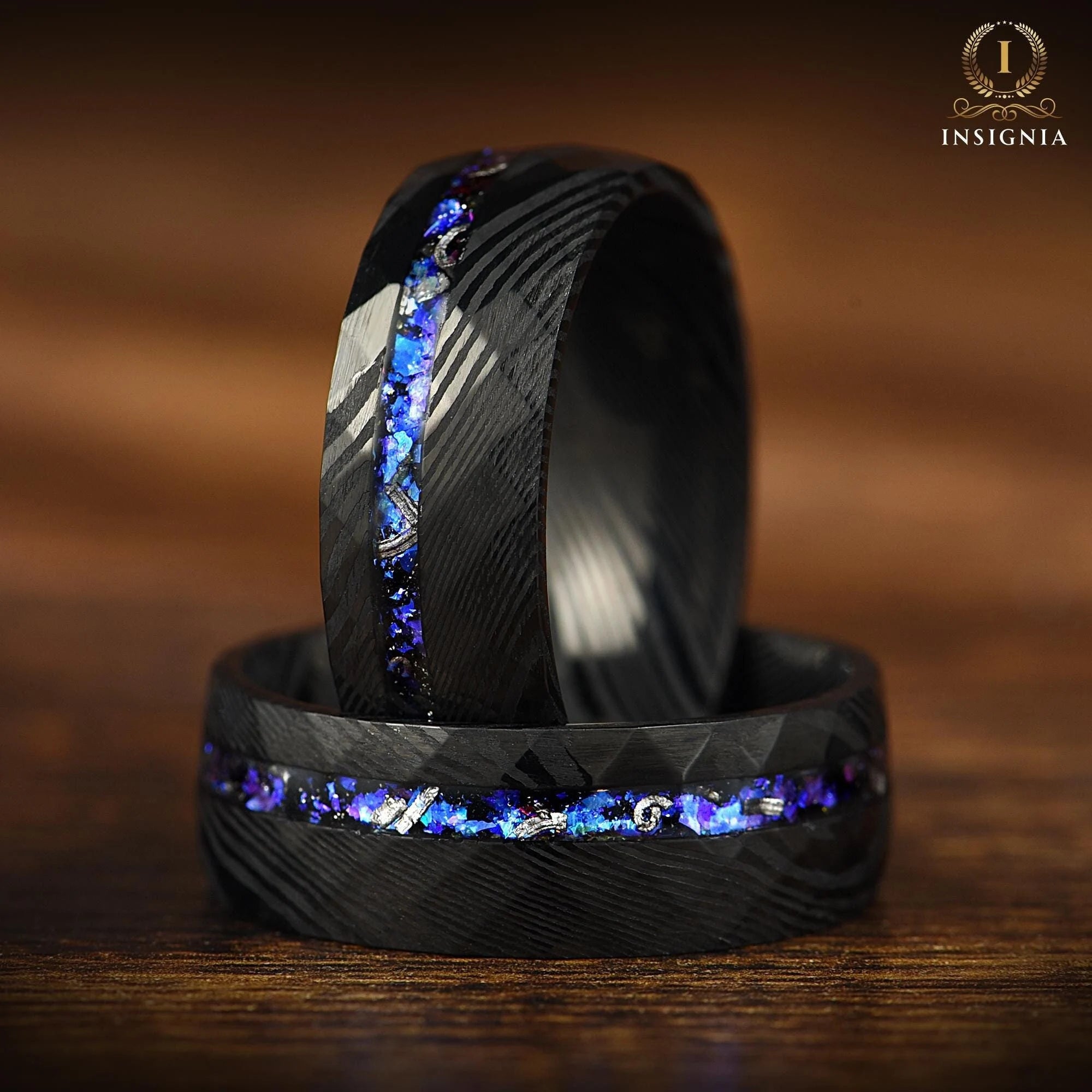 Men Wedding Rings Damascus Closeup View