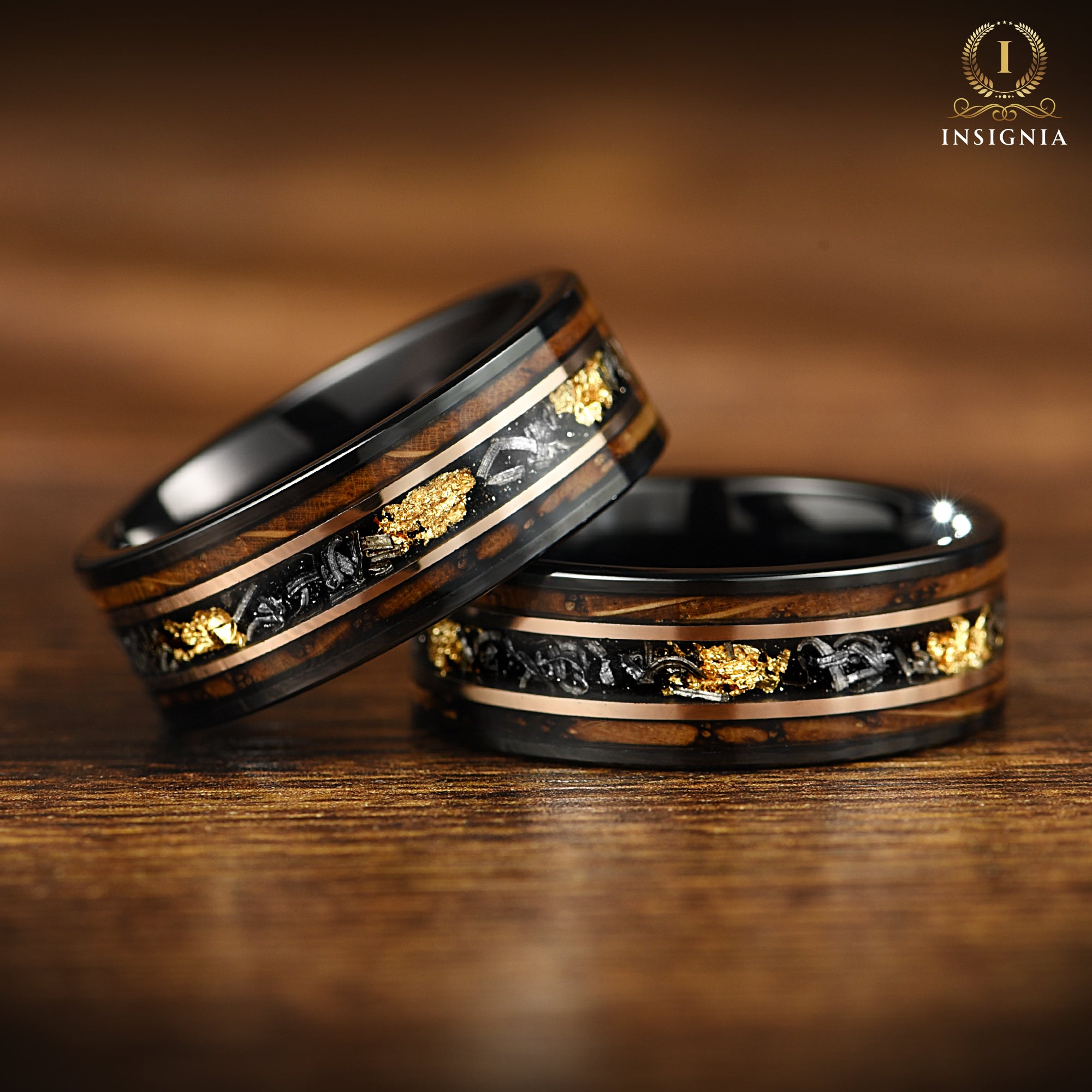 Mens Black Wedding Band Meteorite Smoked Wood Angle View