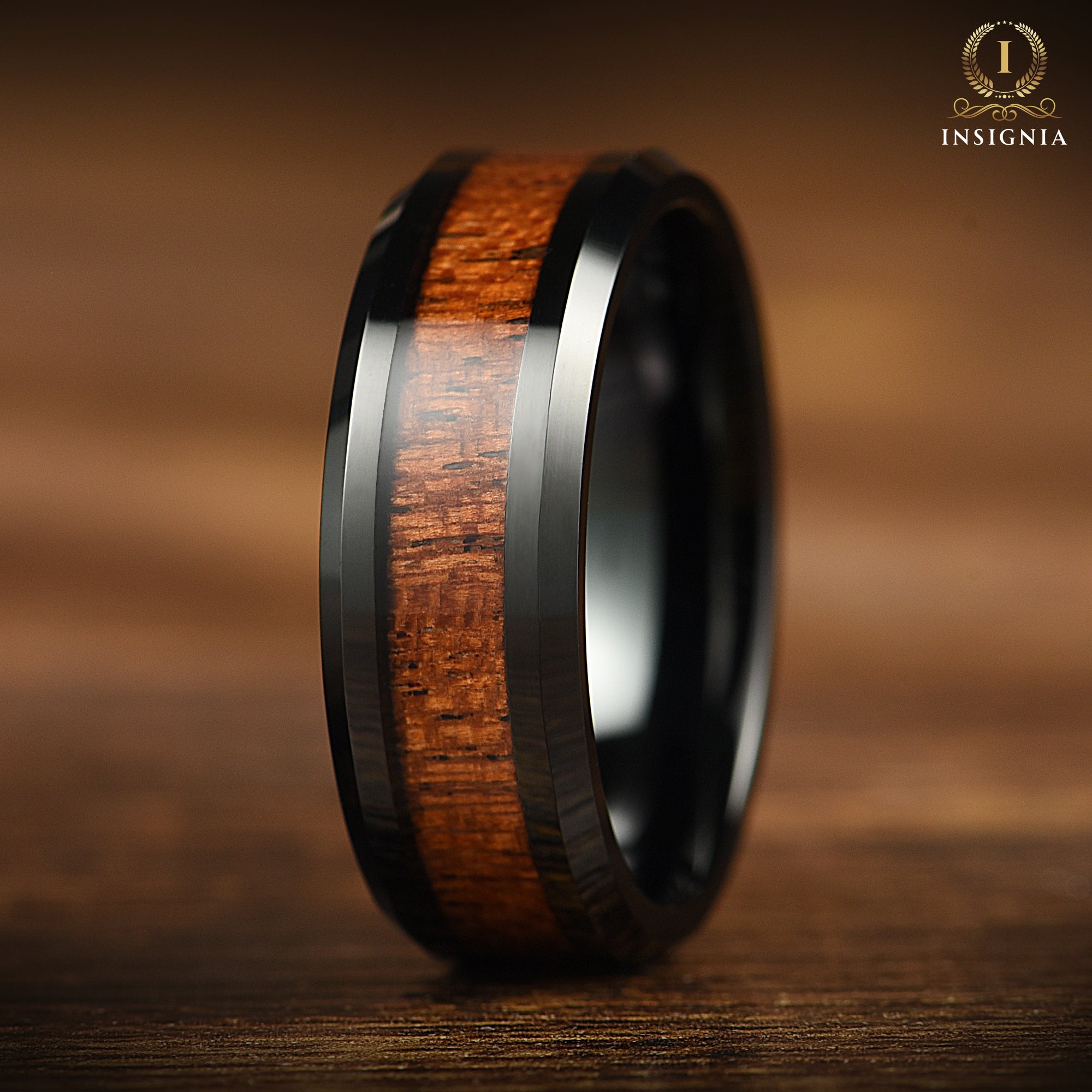 Mens Black Wedding Band Wood Closeup View