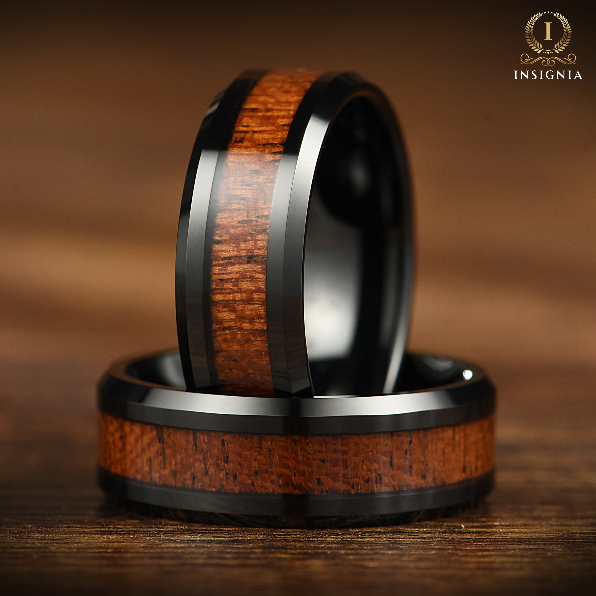Mens Black Wedding Band Wood Main View
